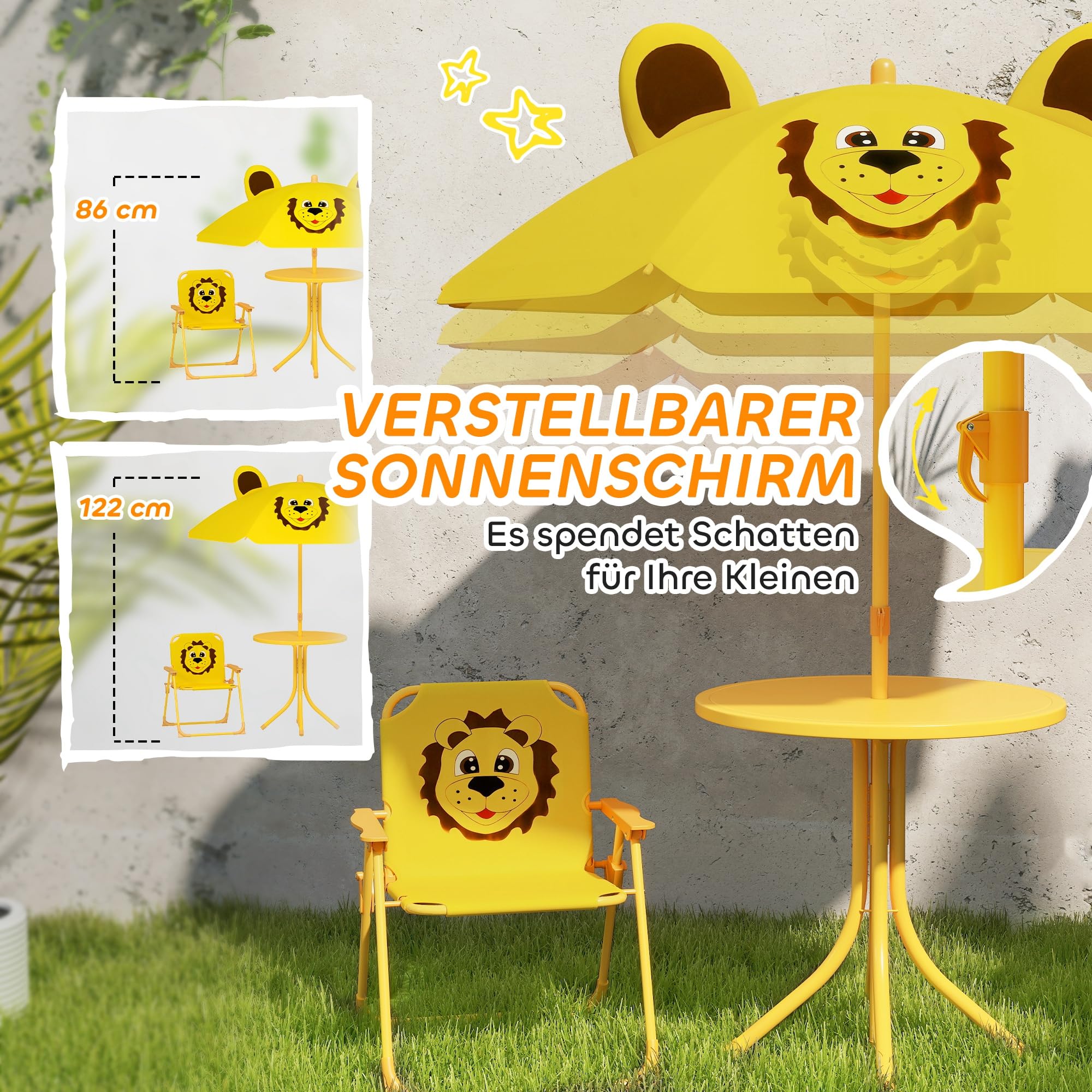 AIYAPLAY Kindersitzgruppe mit Sonnenschirm Höhenverstellbar Kindersitzgarnitur Kindertisch mit 2 Klappstühlen Sitzgarnitur Kinder Sitzgruppe Outdoor Gartenmöbel für Garten Strand, Gelb