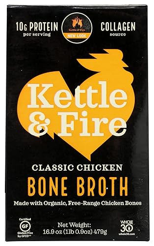 Kettle & Fire Caldo de hueso de pollo clásico, 0.35 onzas de proteína, Whole30, sin gluten, 16.9 onzas (paquete de 6)
