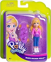 Vista 4 de Polly Pocket Muñeca de 3 pulgadas con traje icónico y monopatín con clip con ruedas giratorias