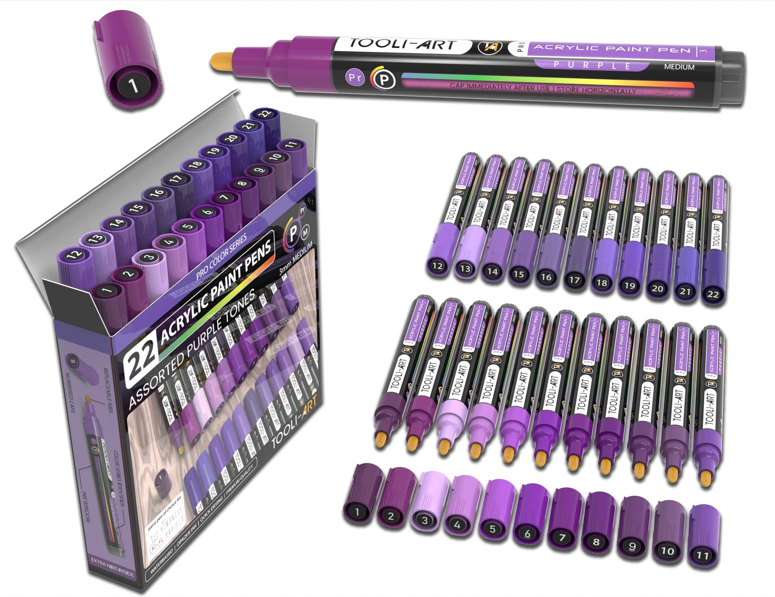 Set di 22 pennarelli acrilici, serie Pro Color, punta media da 3 mm, per pittura su roccia, vetro, tazze, legno, metallo, vernice per vetro, tela, fai da te. Non tossico, a base d'acqua, ad