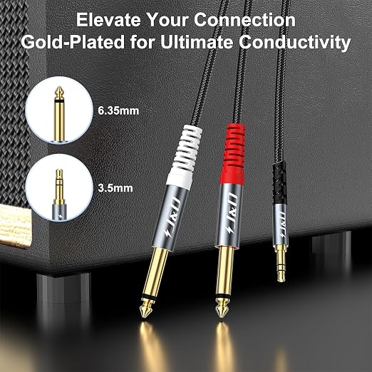 J&D 1/8 a 1/4 cable estéreo, 3.5 mm TRS a adaptador en Y de 6.35 mm, nylon trenzado, gris, 3.3 pies miniatura 3