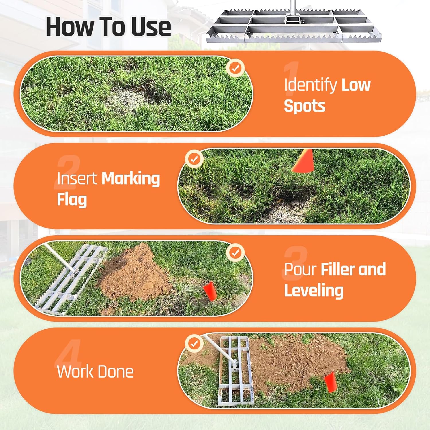 Lawn Leveling Rake, 2-in-1 Double-Side Leveler with 20 Marking Flags for Low Spot, 30" Heavy Duty Stainless + Powder Coated Landscape Rake, Flat & Serrated Side for Soil Dirt Sand Gravel, Yard Garden