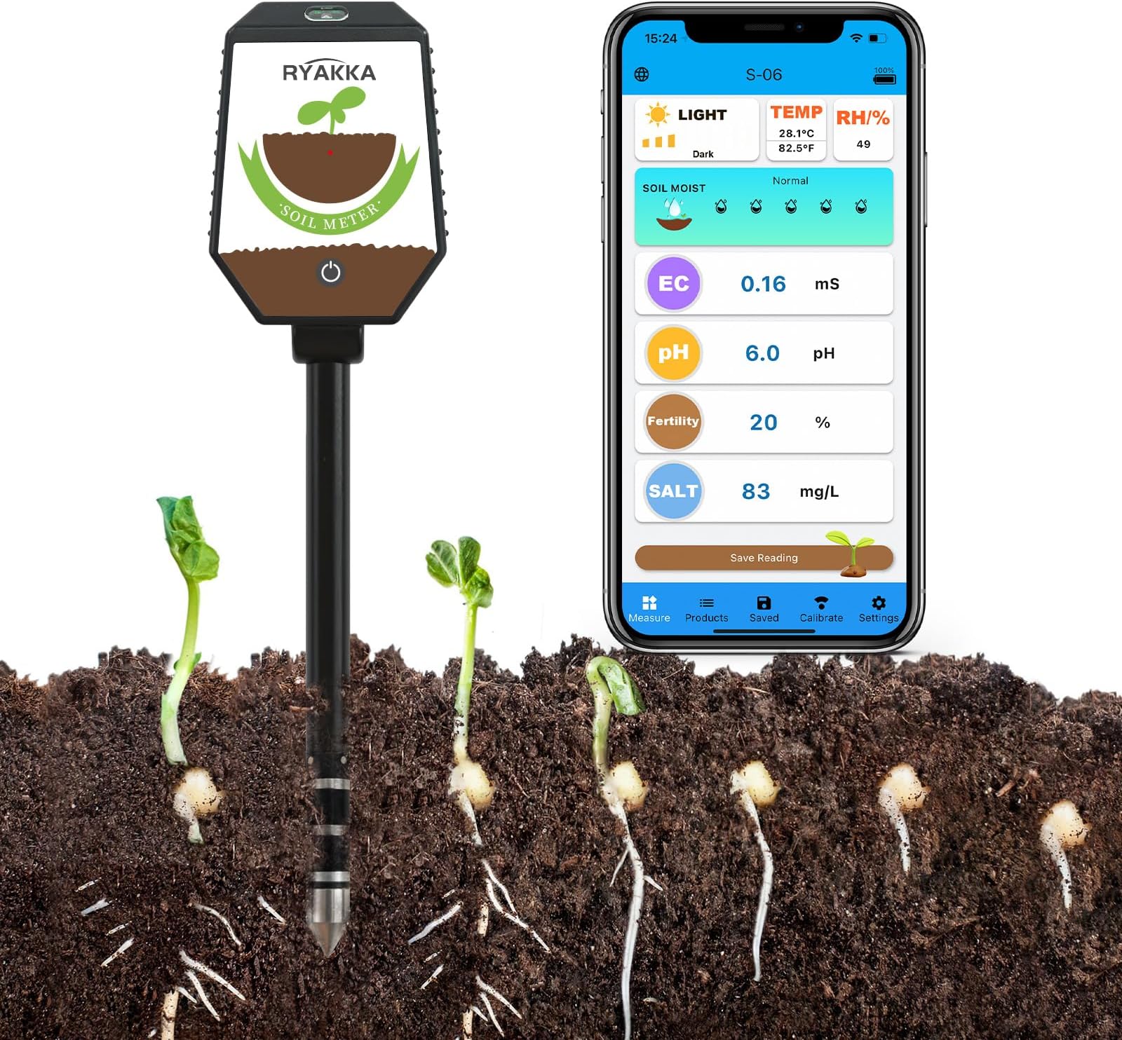 8-in-1 Bluetooth Soil Tester with App Control, Digital Soil Meter for Moisture, Fertility, Salt, pH, EC, Temperature, Humidity, Sunlight | Ideal for Plants, Flowers, Vegetables