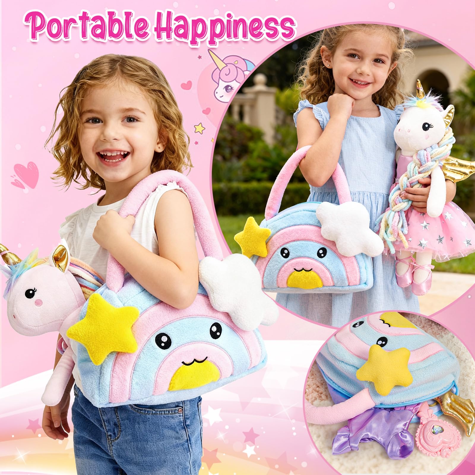 Peluche Unicorno Bambina Regalo, 43cm Peluche Unicorno Giocattolo Set con 3 Cambio di Vestiti & Borsetta, Unicorno Bambola da Vestire Compleanno Natale Regalo per Bambina 3 4 5 6 7 8 Anni