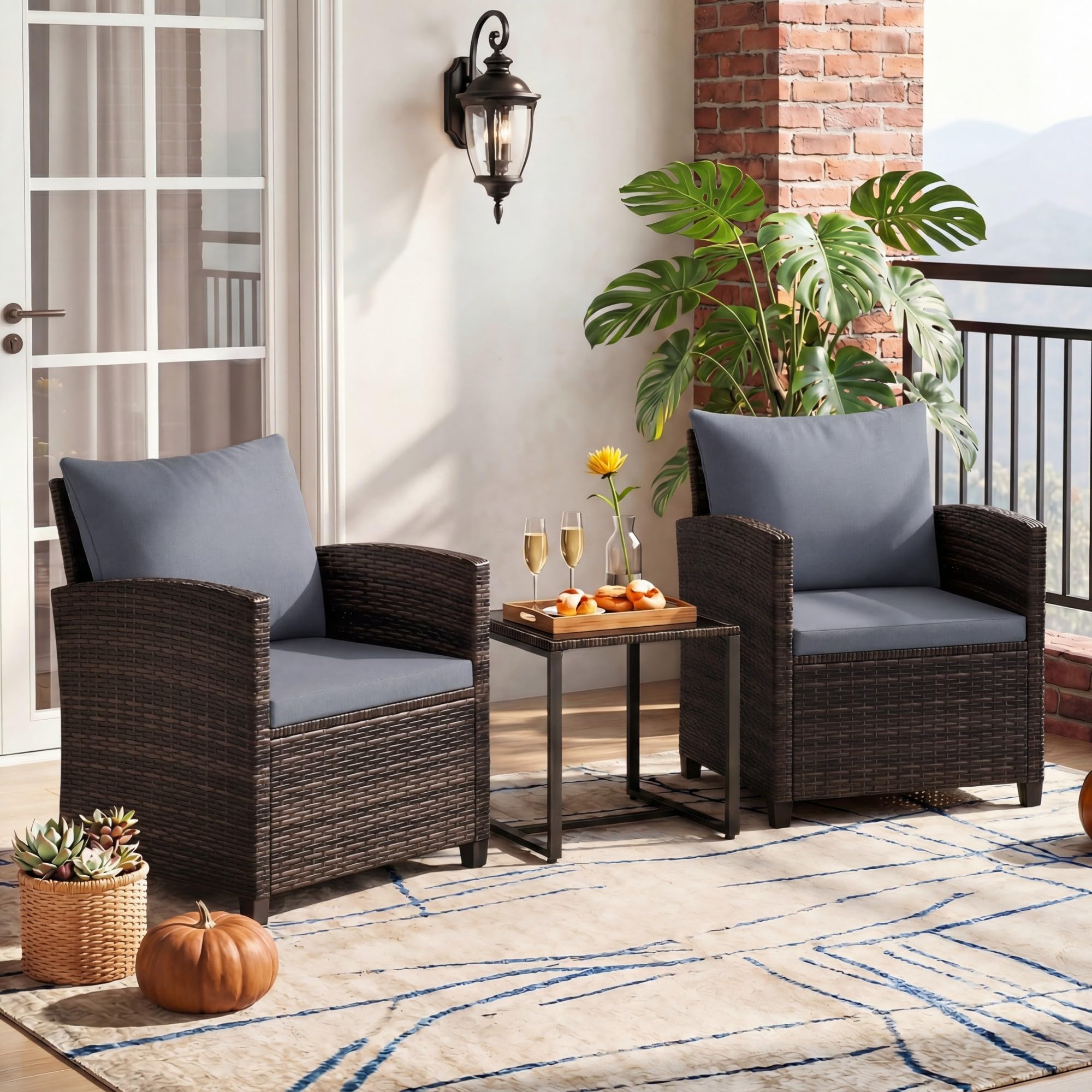 GIANTEX Set da Giardino 3 Pezzi, Salotto Esterno 2 Poltrone con Cuscini + Tavolino in Vetro, Marrone+Grigio