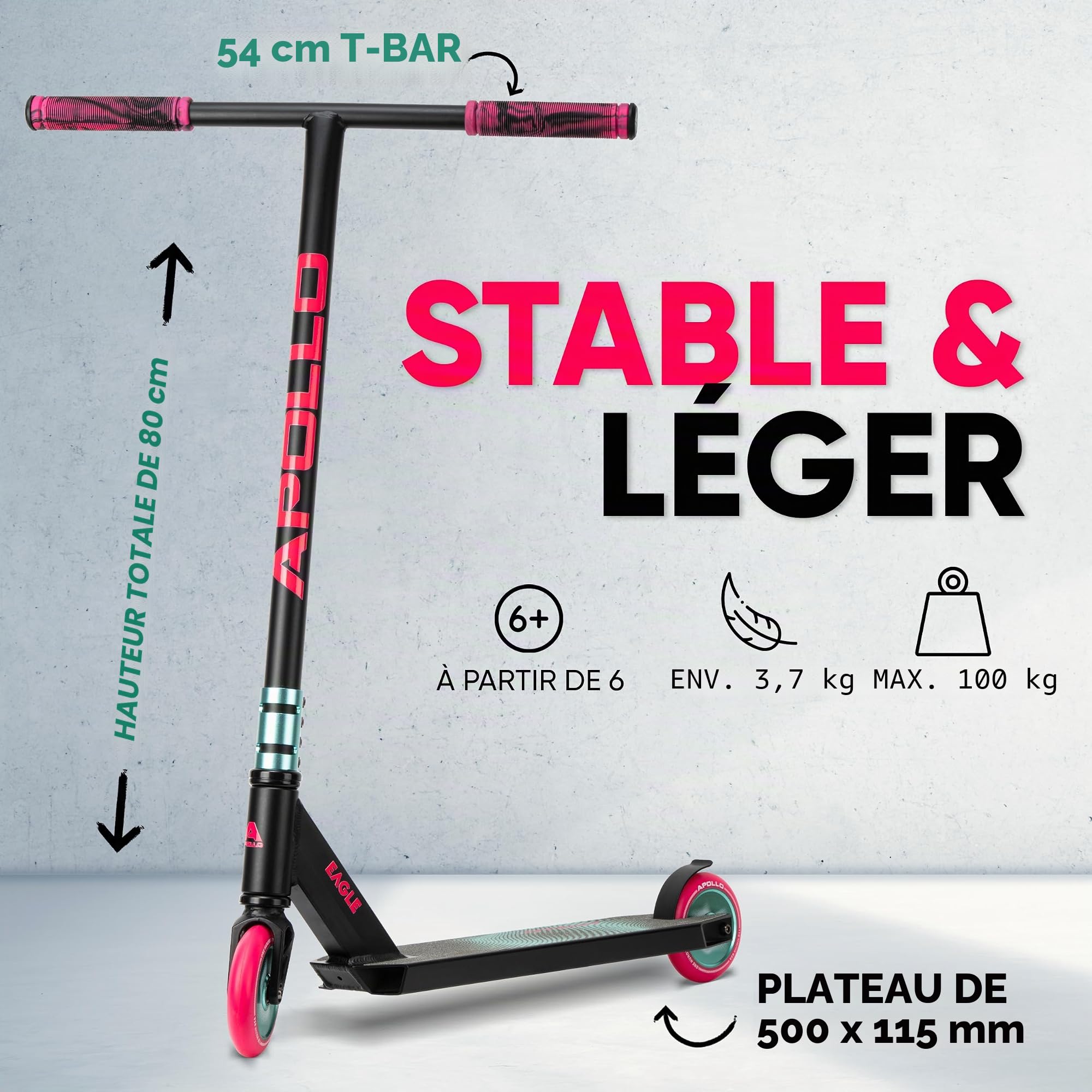 Apollo Stunt Scooter - Eagle, Trottinette de Cascade Professionnelle anodisée, Trottinette pour Enfants avec roulements ABEC 9, Roues de 110mm