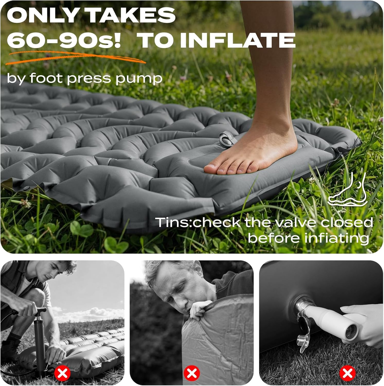 Isomatte Camping mit integrierter Fußpumpe 8cm Dicke Aufblasbare Campingmatte Outdoor, Wasserdicht & Reißfest 50D Nylon Ultraleicht Luftmatratze für Zelt, Wandern, Grau, 193x68x8cm