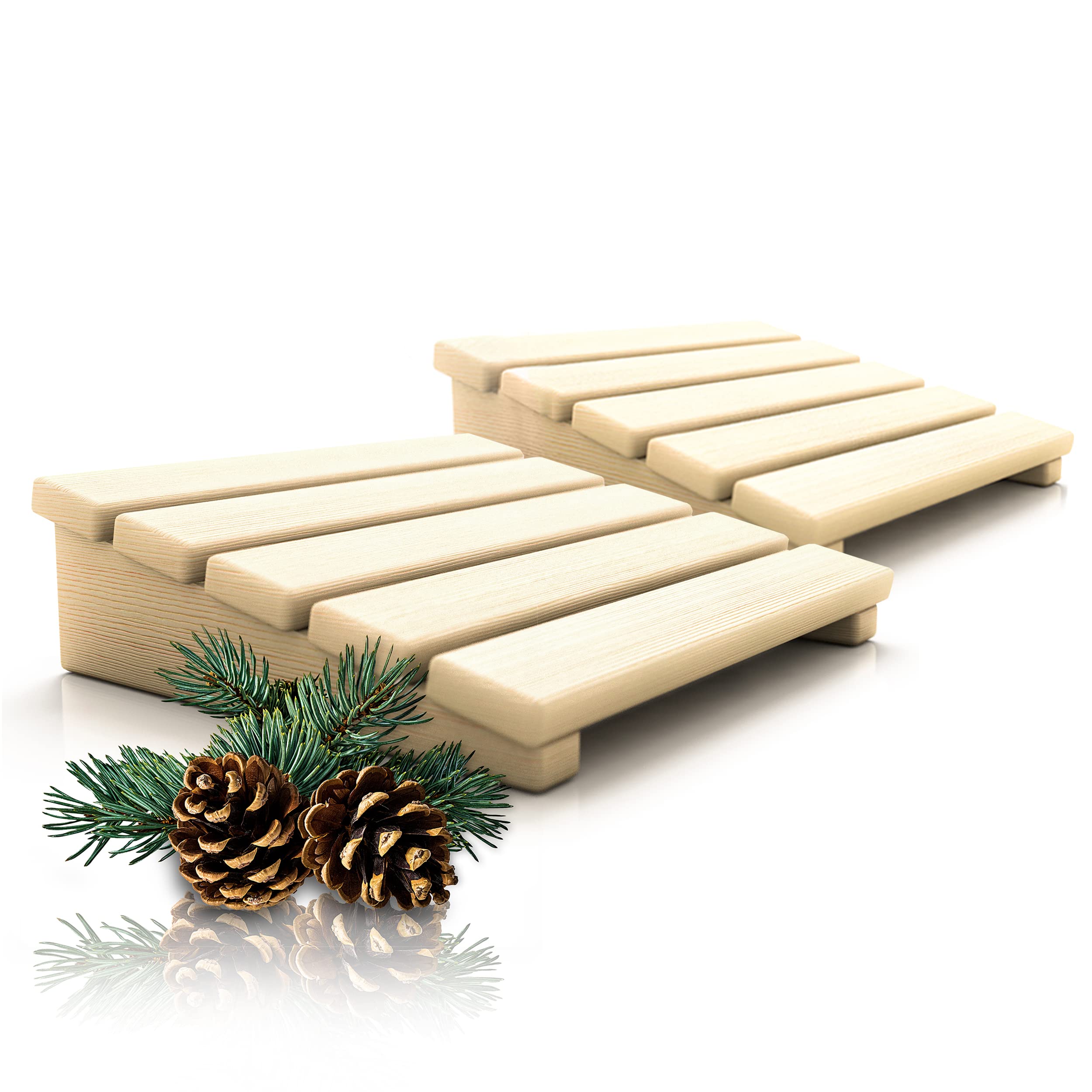 CozyNature® Poggiatesta per sauna | 2022 UPDATE - senza resina | Schienale di alta qualità in pino finlandese | Set di 2 pezzi | Accessori per sauna 2 in 1 | fatti a mano | trattati termicamente
