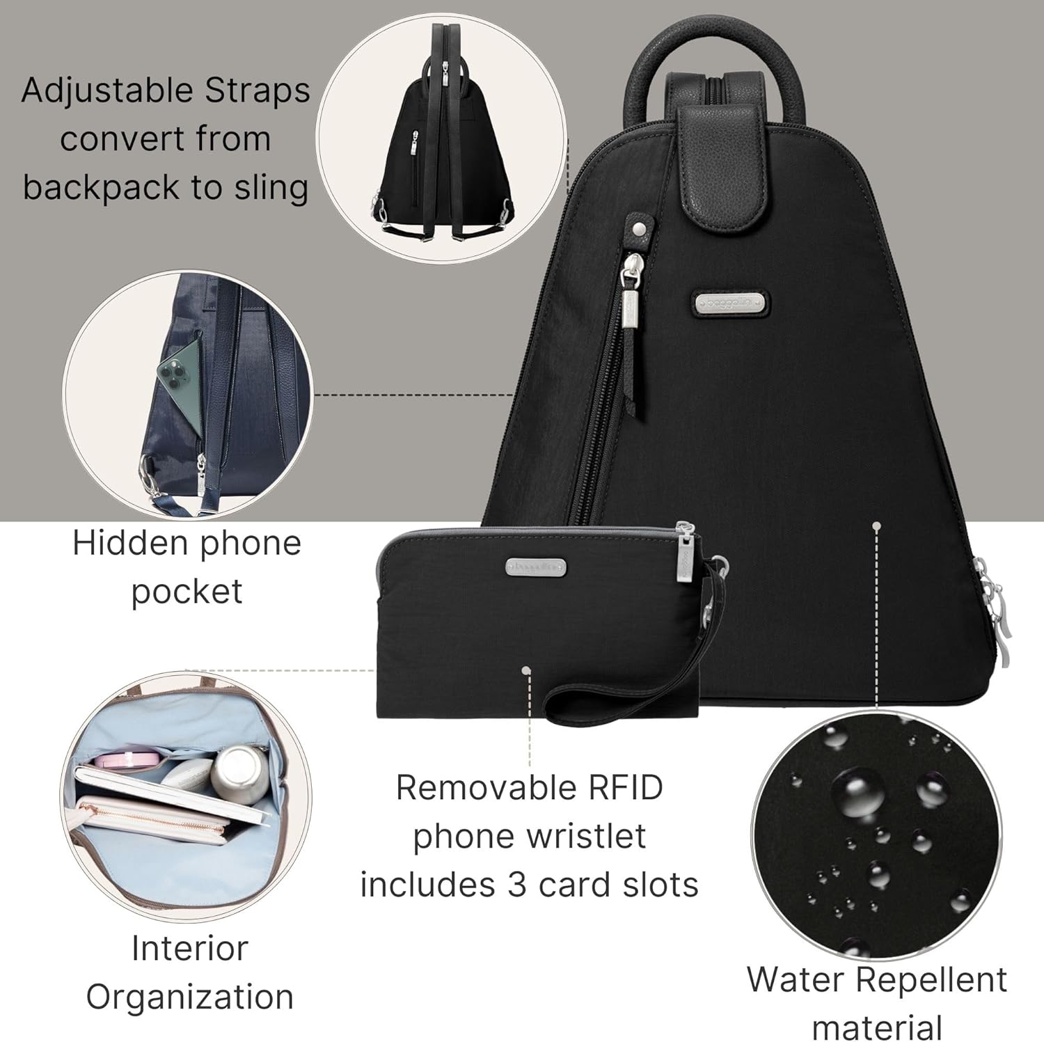 Baggallini Metro Backpack with RFID Phone Wristlet - 9x11 Convertible Sling Bag for Women with Adjustable Shoulder Straps