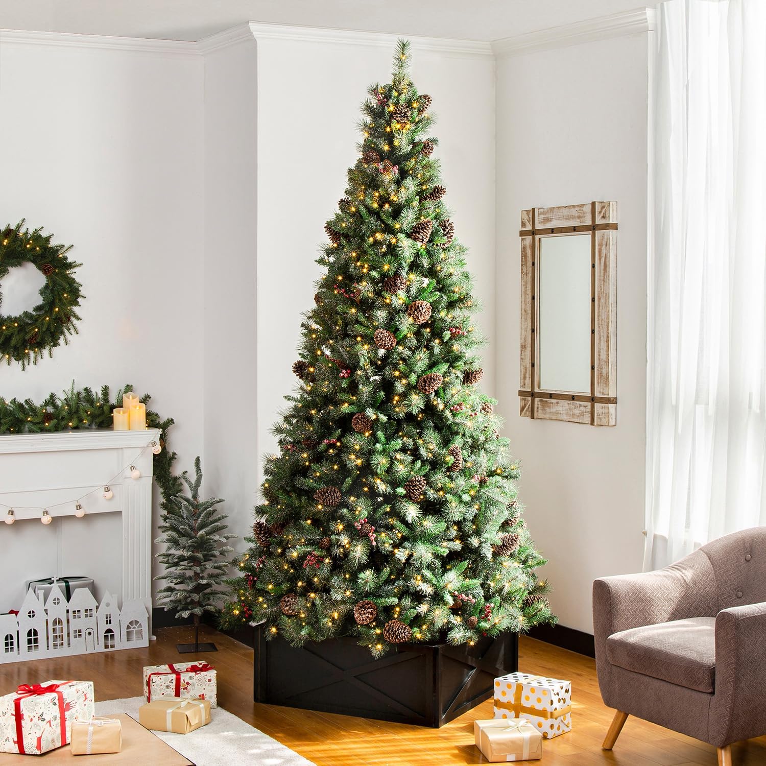 glitzhome christmas tree collar, 32" l black wooden tree collar tree stand cover christmas tree skirt collar for xmas holiday decorations tree ornaments washed black 32"l