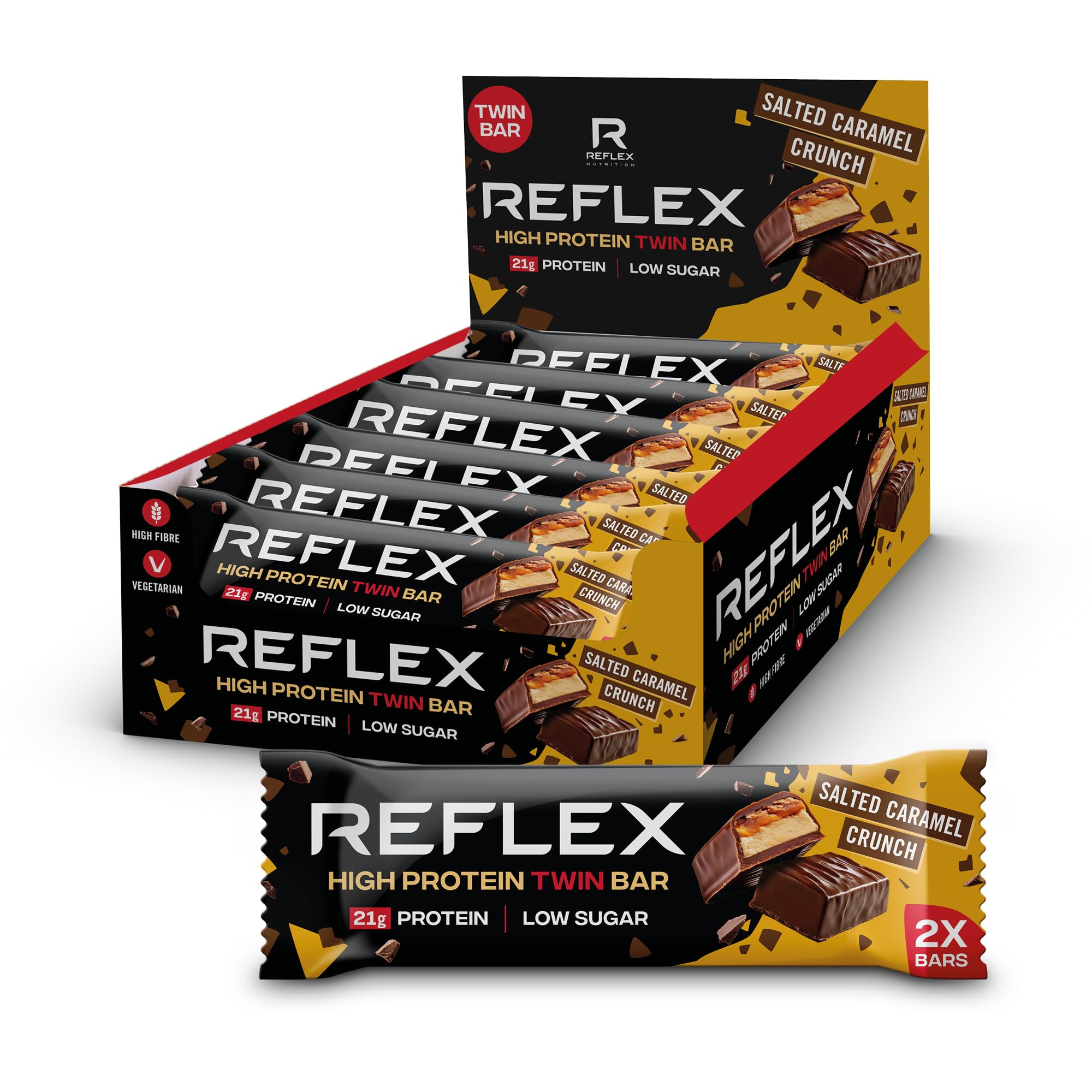 Reflex High Protein Bars – Twin 21g Protein Bars Low Calorie, Low Sugar, High Fibre, Vegetarian – Chocolate Protein Snacks – Great Taste & Texture (Salted Caramel Crunch, 12x60g)