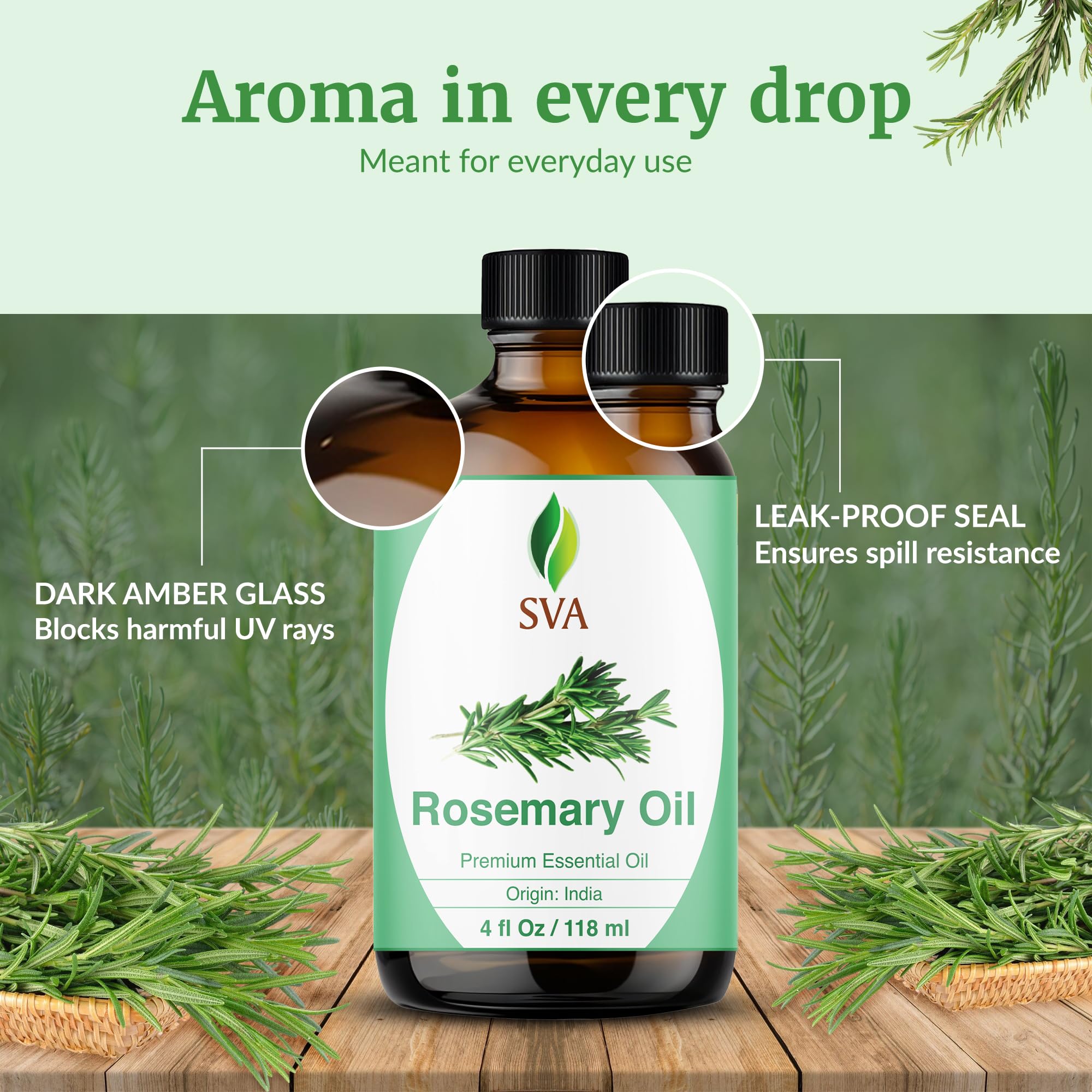 SVA ORGANICS Aceite esencial de romero orgánico USDA 4 oz 100% puro y natural, auténtico aceite de grado terapéutico premium para cabello, piel, masaje y aromaterapia 4 Fl Oz (paquete de 1)