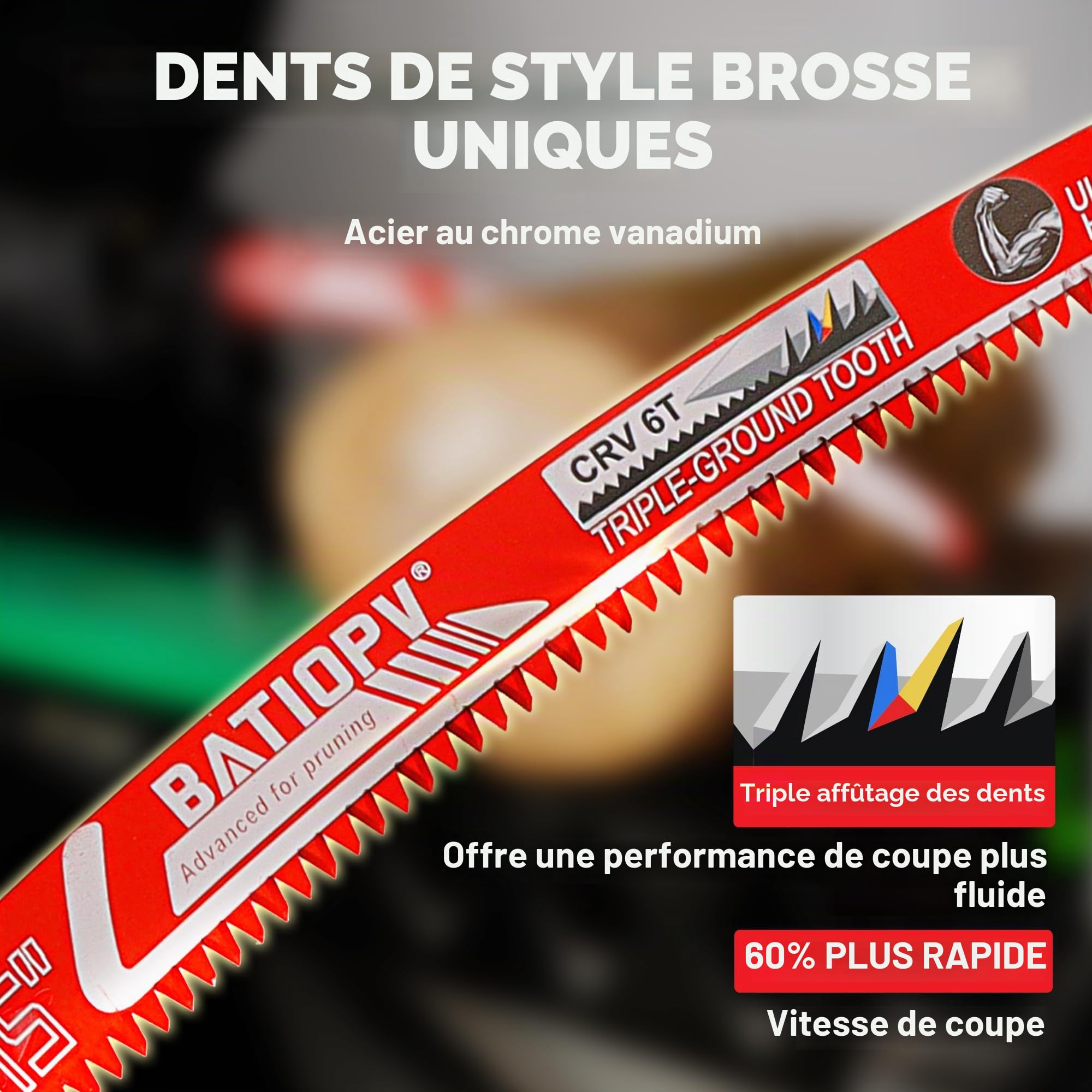 Lames de scie sabre 3 pièces 375 mm – 6 TPI dents japonaises – Lames courbées pour bois, élagage, bois de chauffage, bois sec et vert