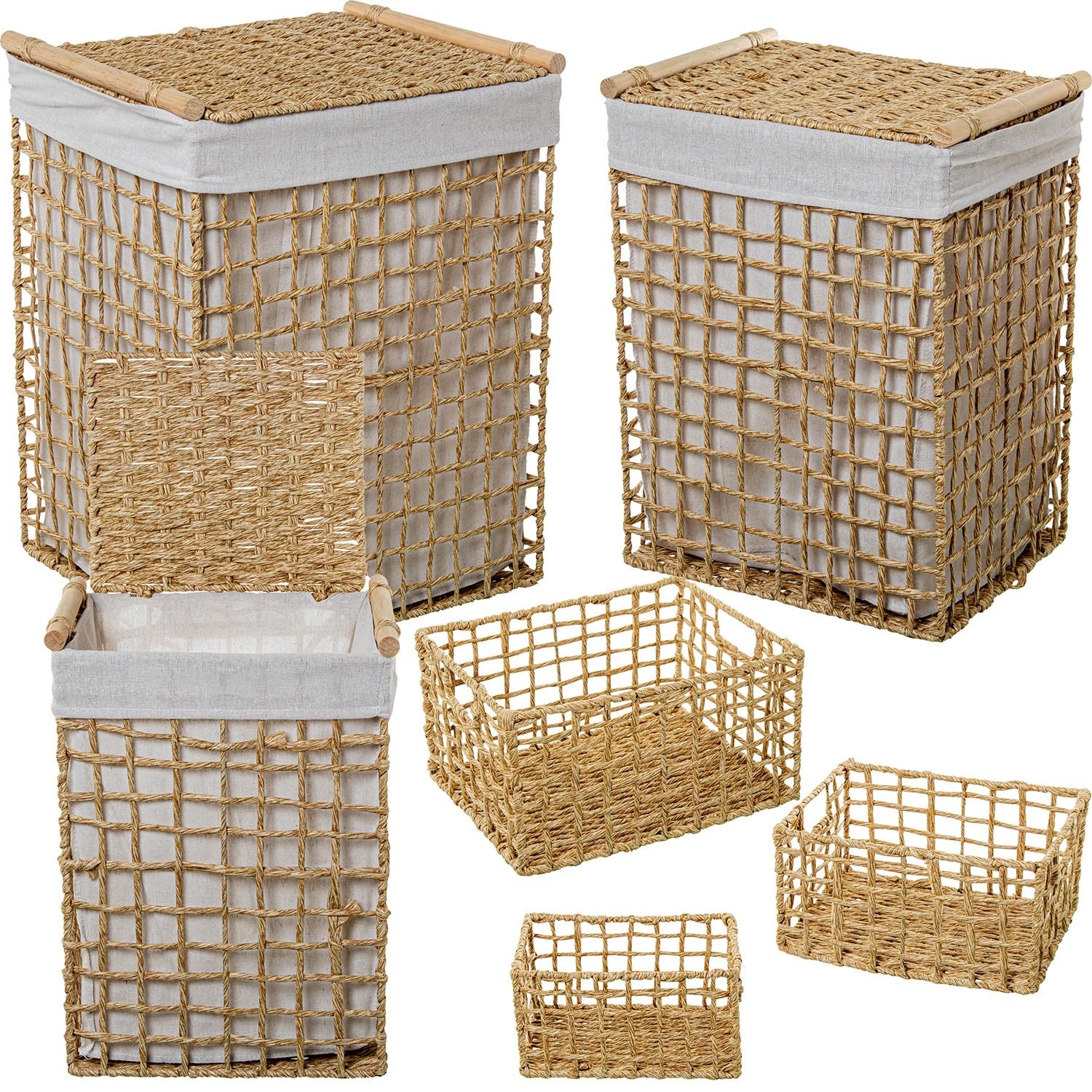 Corbeille en corde de papier bicolore avec doublure coton amovible lot de 6
