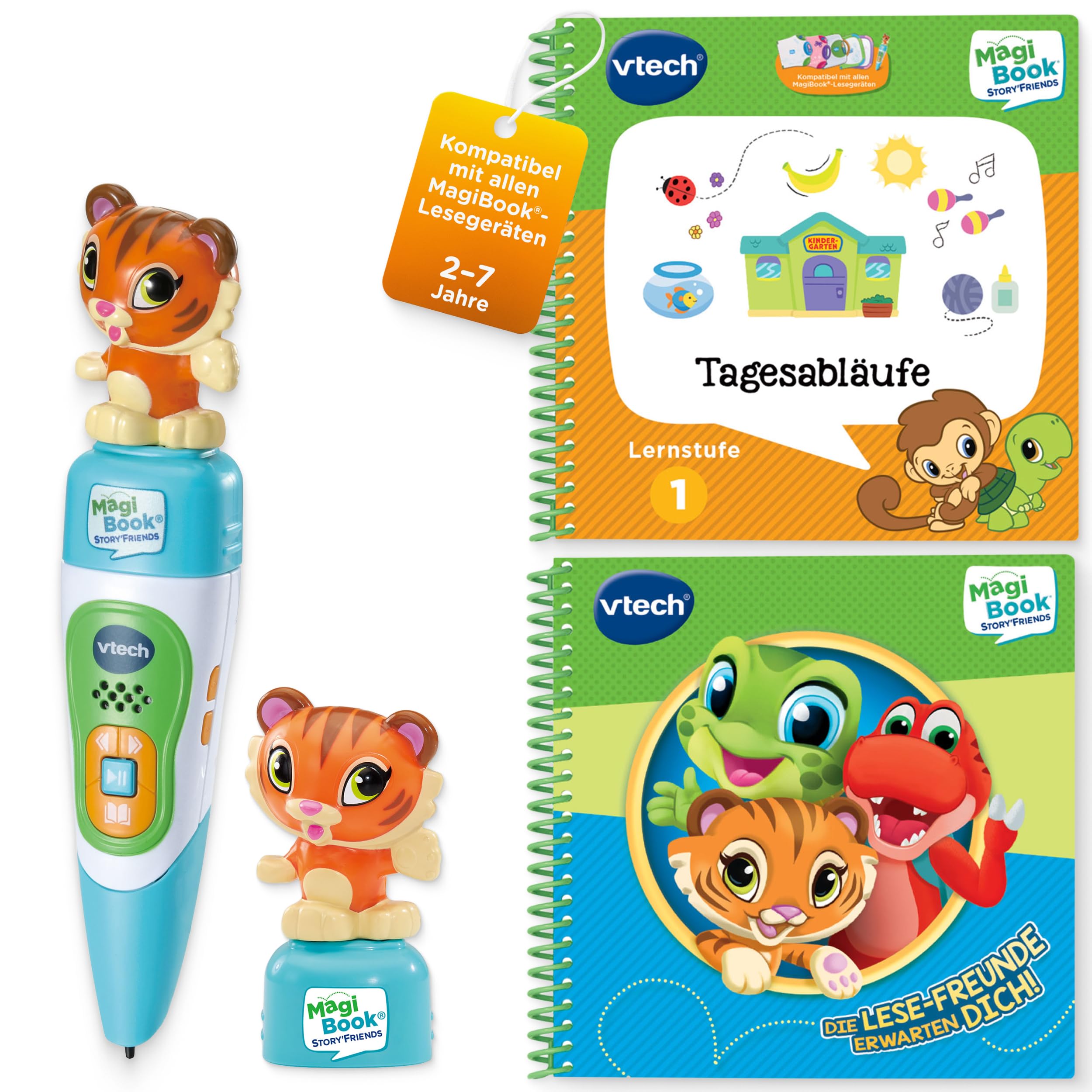 VTech MagiBook Story'Friends Starter Set inkl. Buch Tagesabläufe Lernstufe 1 – 2 interaktive Soundbücher und 1 Stift mit individuellen Lernspielen und Geschichten – Für Kinder von 2-7 Jahren