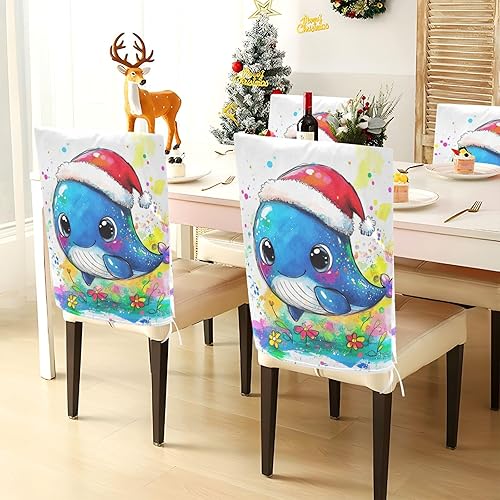 Miniatura 4 de Juego de 6 fundas decorativas para sillas decorativas con diseño de ballena azul de dibujos animados para ceremonia, fundas decorativas suaves para