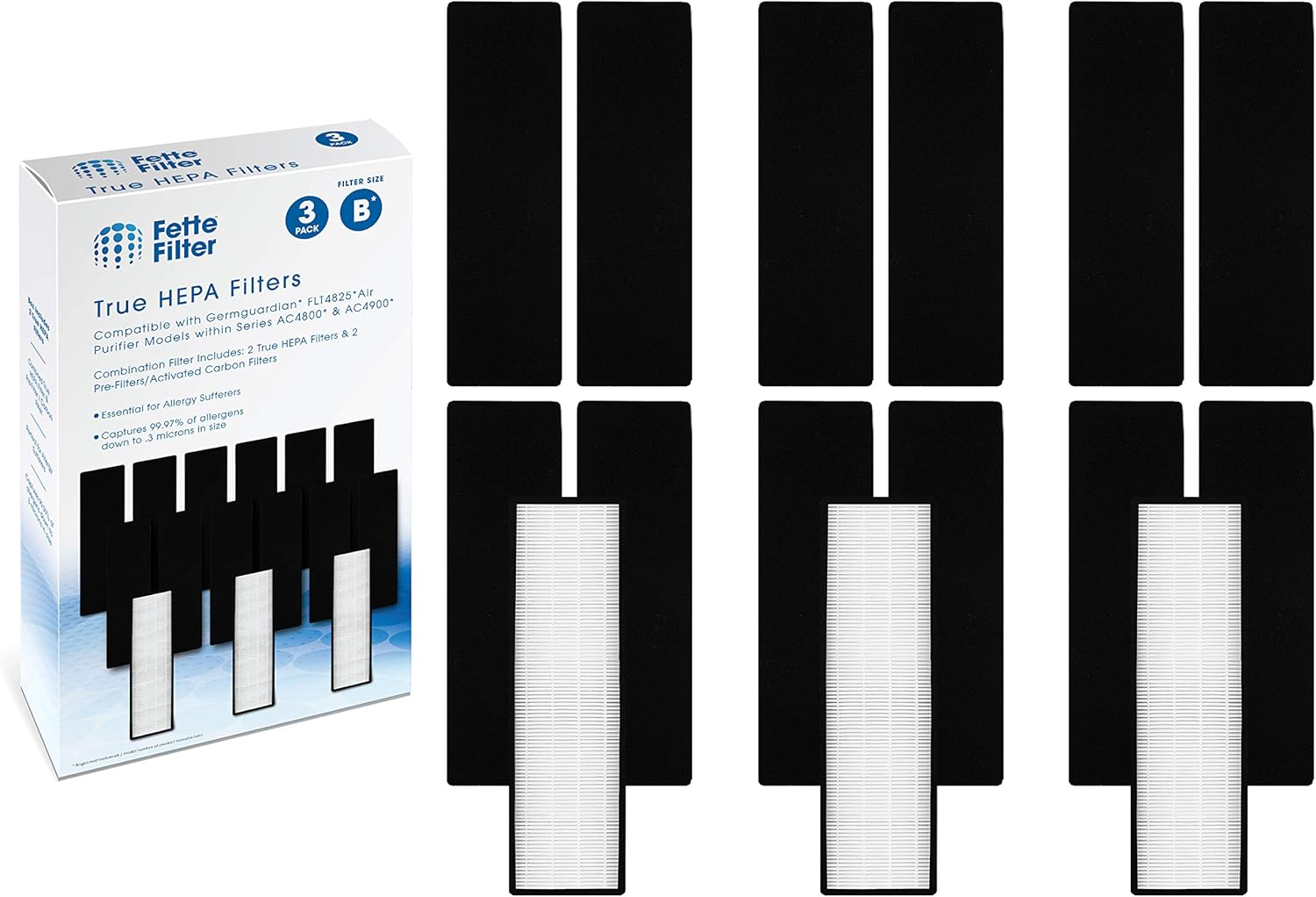 Fette Filter - FLT4825 True HEPA Filter B, Compatible with Air Purifiers AC4825 Series, AC4300BPTCA, AC4850PT, AC4900CA, CDAP4500BCA, Oransi Finn. (3 Hepa & 12 Carbon)