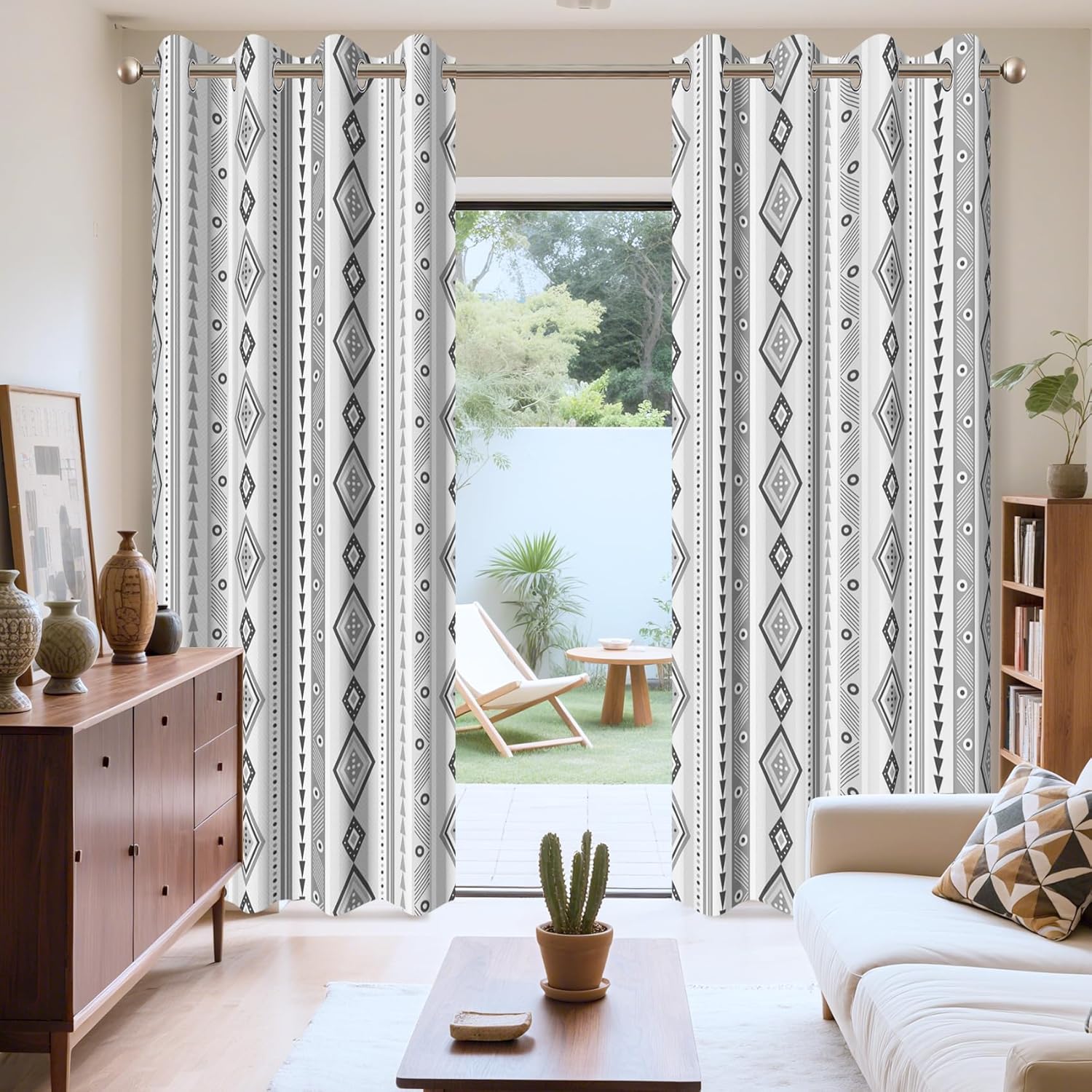 AWERT Boho Geometric Linen Window Curtains 55 Inch Length 2 Panels for Living Room Bedroom Rhombus Triangular Striped Dots Light Filtering Doorway Curtains for Patio Wide Sliding Doors 29x55 Inches