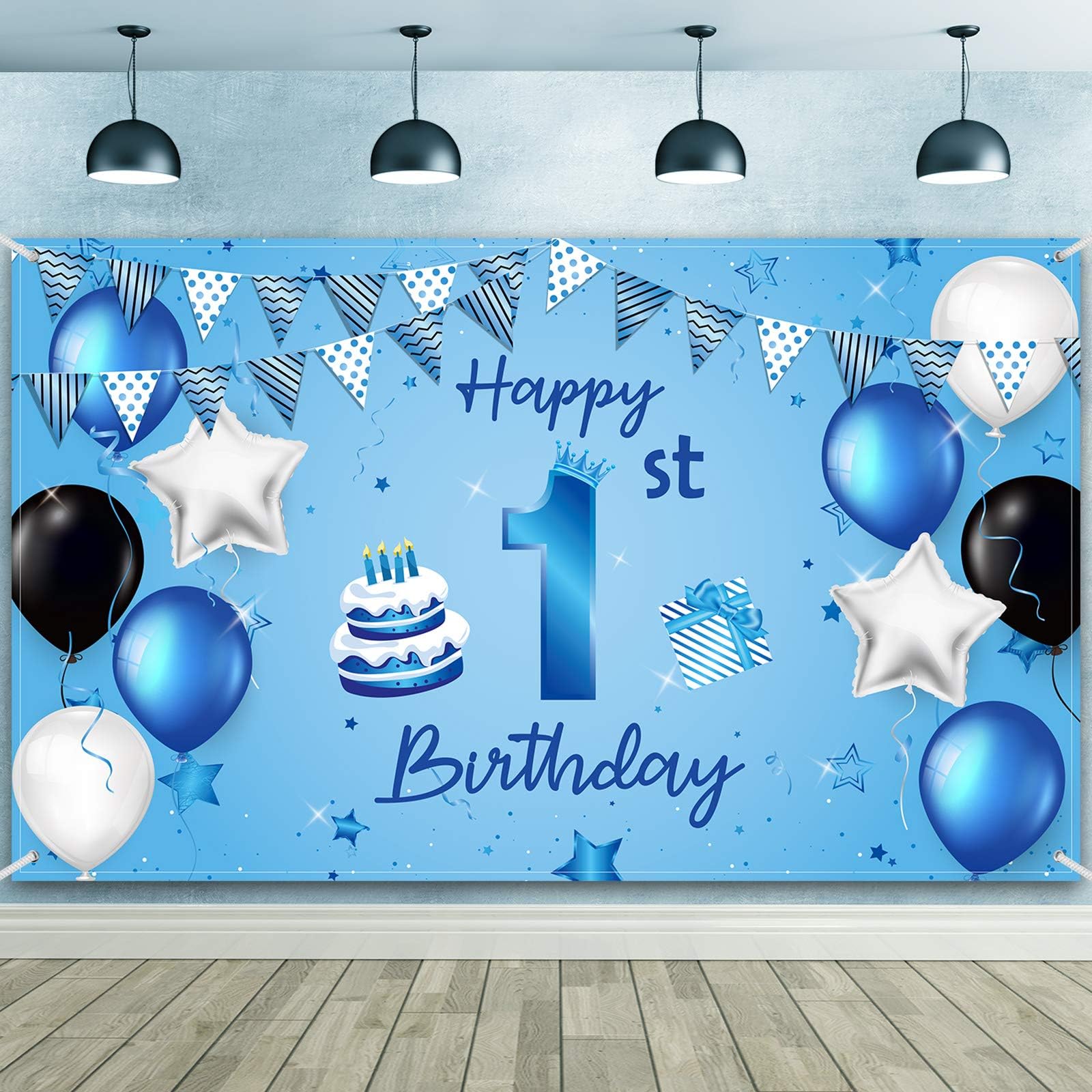 Happy 1st Birthday Backdrop Banner Blue Newborn Boys First Birthday Photography Background for Baby Shower Party Decorations Supplies 72.8 x 43.3 Inch
