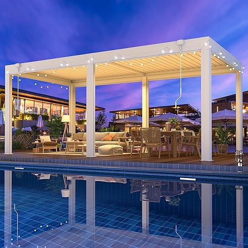 YOLENY 10x20 Louvered Pergola with 6-Panel Pull-Down Screen, Outdoor Aluminum Pergola with Adjustable Rainproof Roof for Patio, Lawn & Garden, White