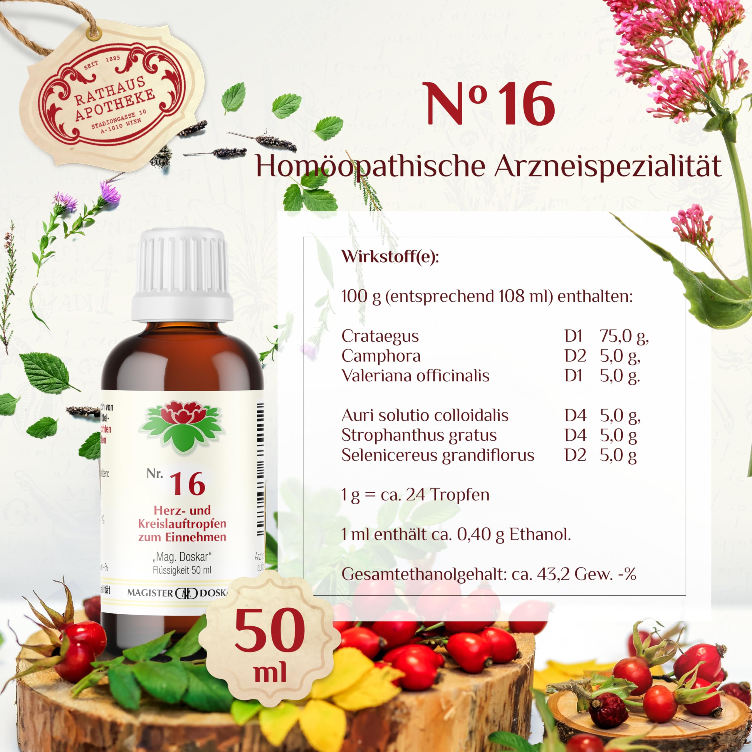 Tropfen Nr.16 - Homöopathische Herz- und Kreislauftropfen, 50 ml - reduziert Schwindelgefühle-Zur Unterstützung der Herzfunktion-Fördert die Durchblutung - natürliche Pflanzenextrakte