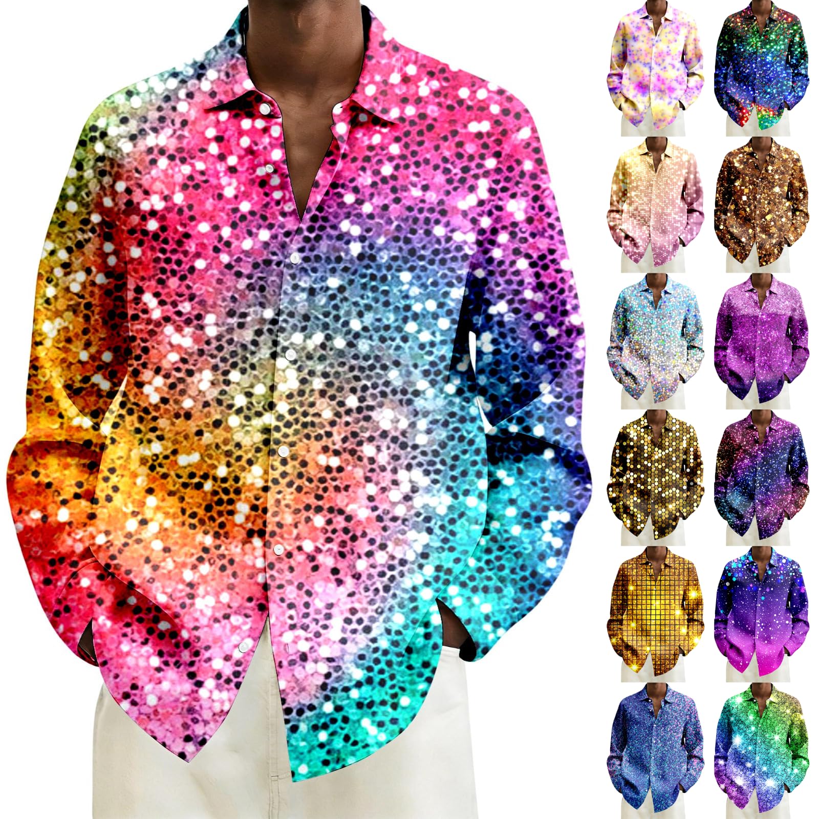 Men's Glitter Shirt: Colourful Gradient Sequin Shirt Long Sleeve - 70s 80s Retro Disco Outfit Carnival New Year's Eve Party Rave Festive Costume Funny Blouse with Button Down Men Slim Fit Glitter