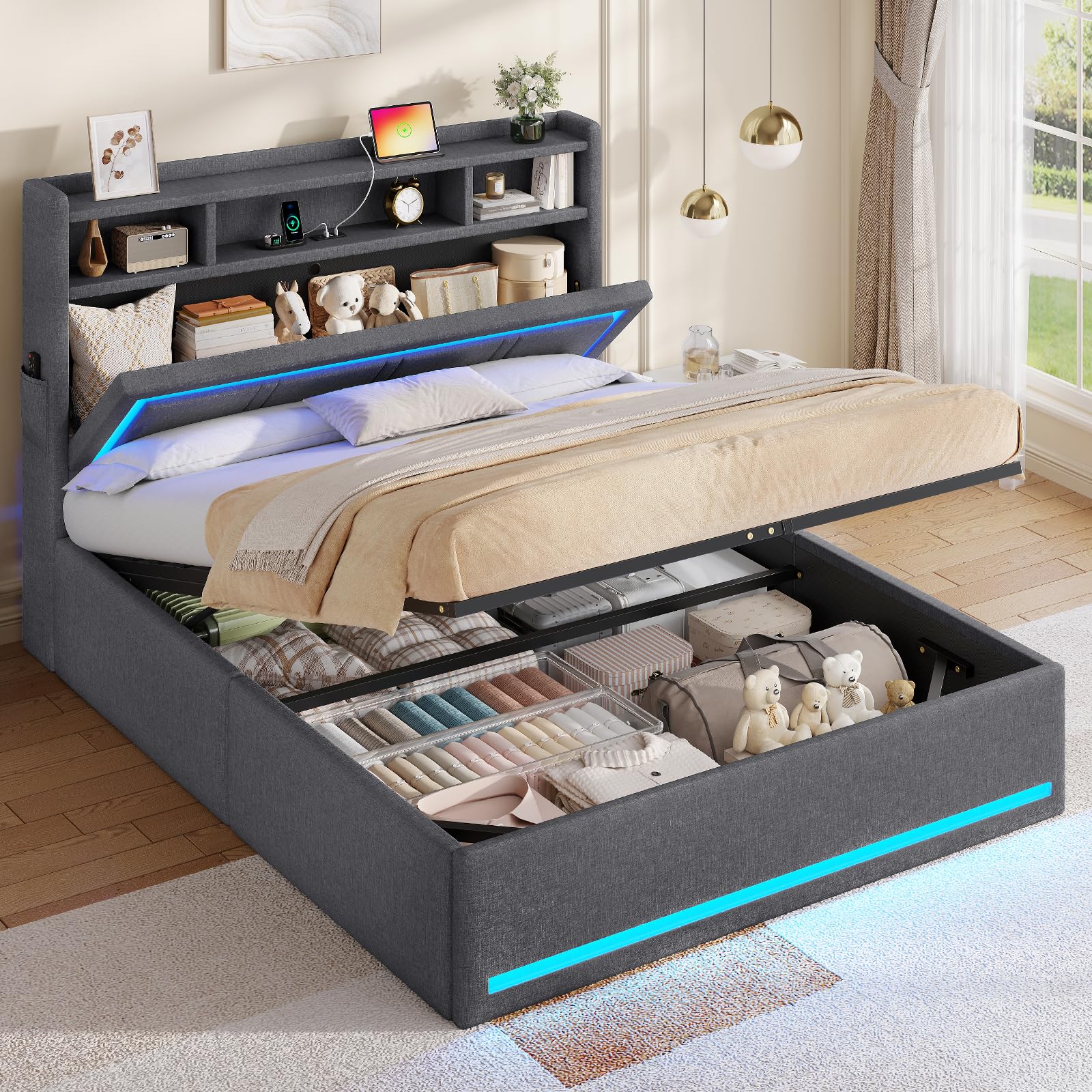 AOGLLATI Bett 140x190 Dunkelgrau mit LED Beleuchtung, USB & Hydrauliksystem | Polsterbett mit Bettkasten, Kopfteil Stauraum, Stauraum 30cm, inkl, Lattenrost,Doppelbett für Erwachsene,Leinen (No Matratze）