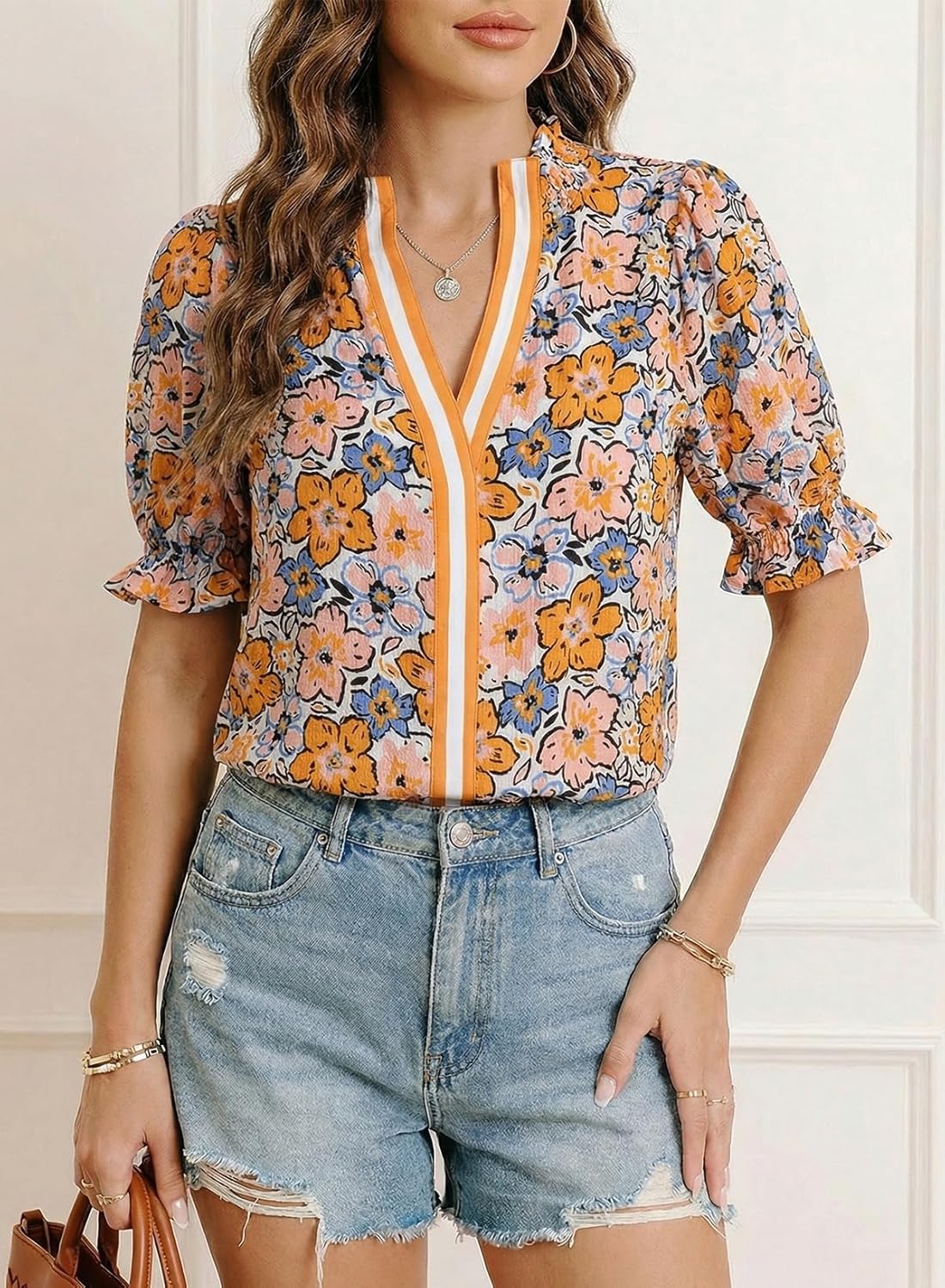 Dokotoo Women's Summer Boho Floral Ruffle Shirt Puff Short Sleeve V Neck Casual Trendy Cute Blouse Tops - Image 2