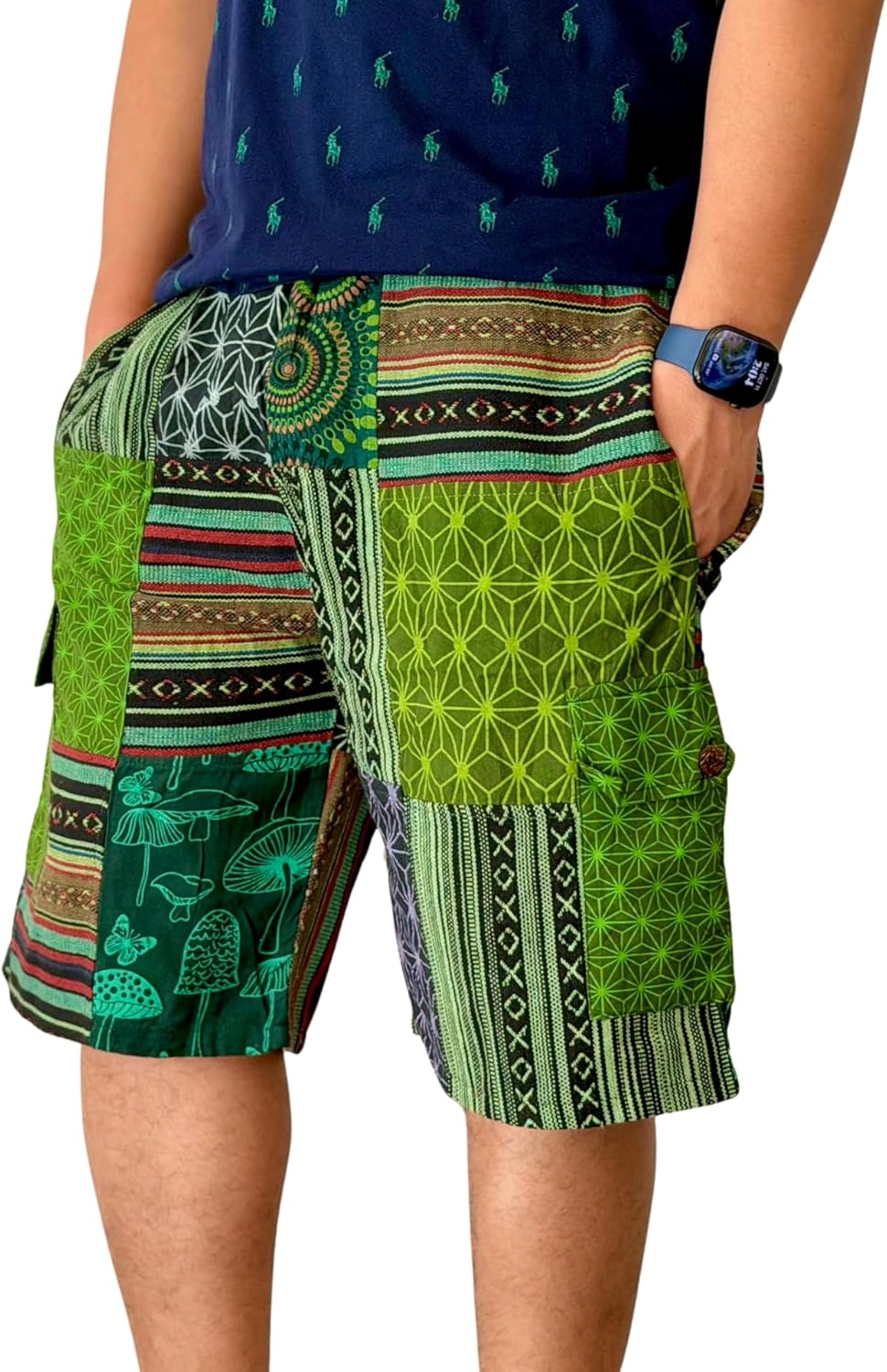 Elastic Waist Cargo Cotton Shorts | 100% Eco Friendly Hippie Style Patchwork Block | Wrinkle Resistant Breathable Shorts