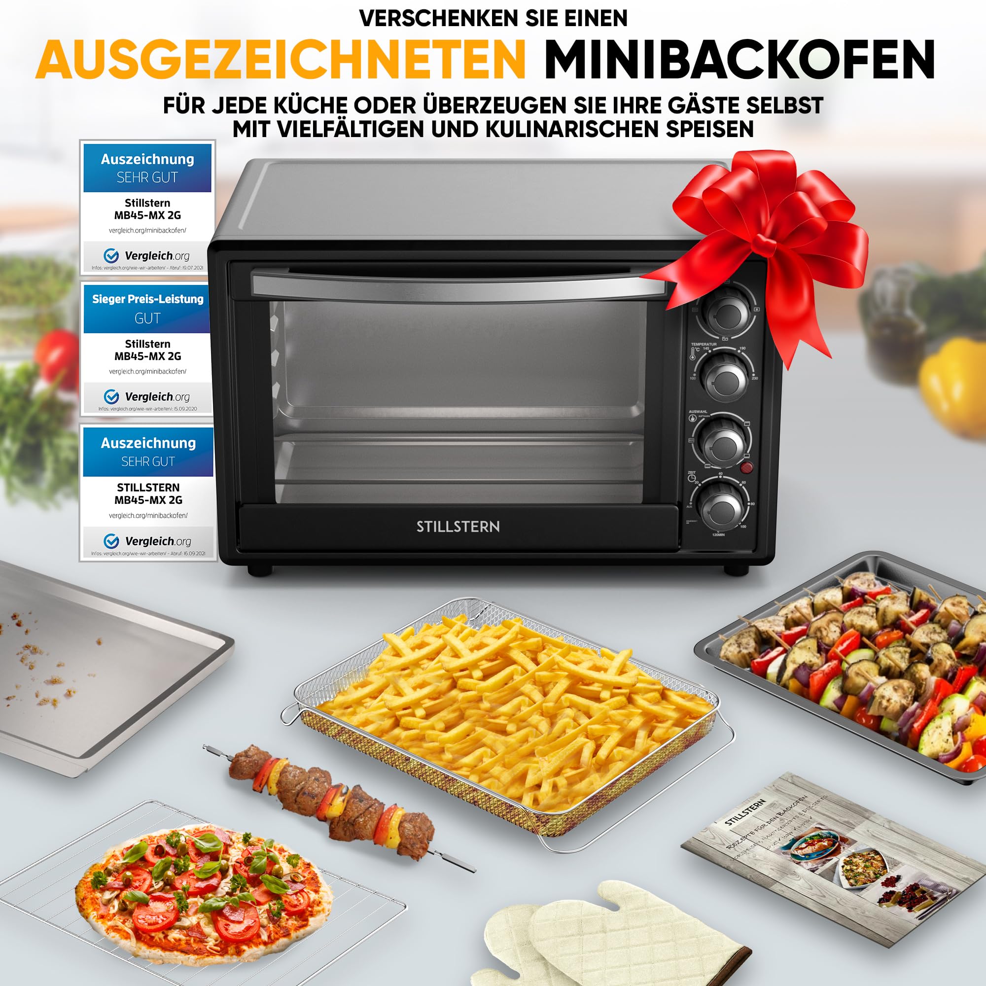 Stillstern Minibackofen mit Umluft 45L (DE Version) Pizza Ø32, CYCLONE PRO+ Antihaftbeschichtung, Auftauen, 2h Timer, Camping Mini Backofen Umluft Pizzaofen Mini Ofen klein Hähnchengrill mit Drehspieß