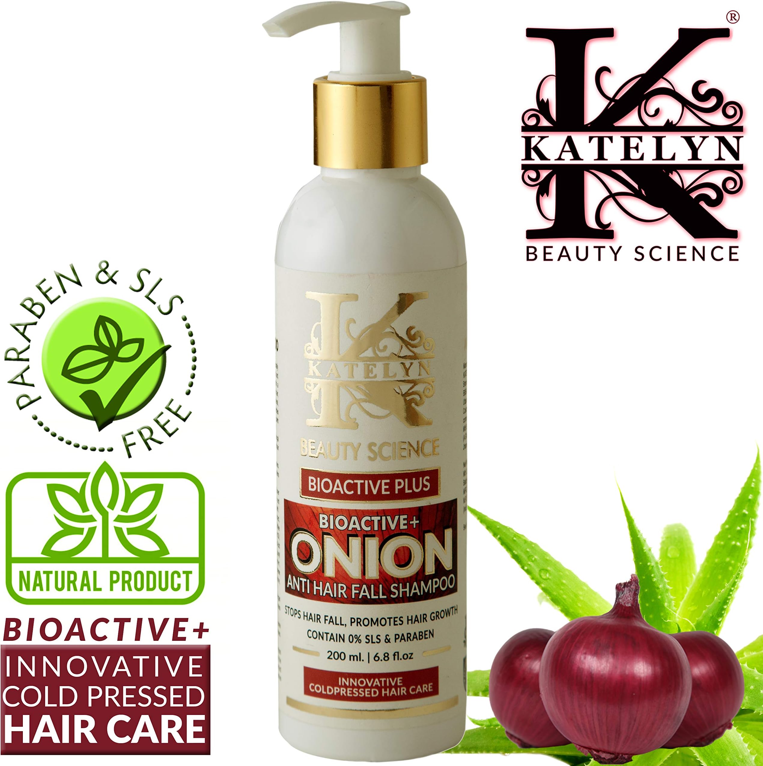 Katelyn BioActive+ Onion Shampoo With Caffeine & Curry Leaf 200ml | Innovative Cold Pressed Hair Care | Controls Hair Fall & Premature Hair Graying| Anti Hair Fall | Anti Dandruff Daily Care Shampoo