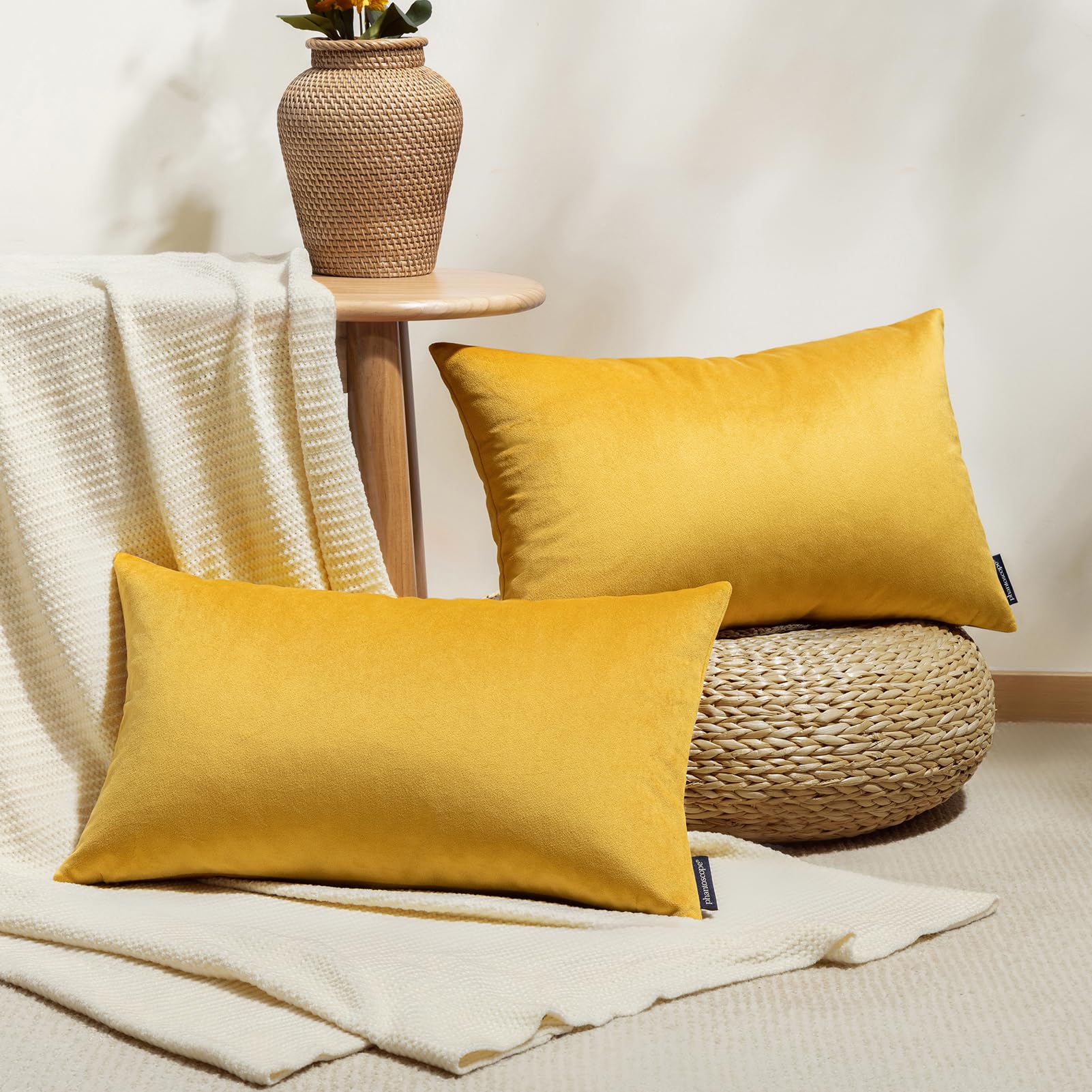 Phantoscope Pack of 2 Velvet Decorative Throw Decorative Pillow Cover Soft Solid Square Cushion Case for Couch Mustard Yellow 12 x 20 inches 30 x 50 cm