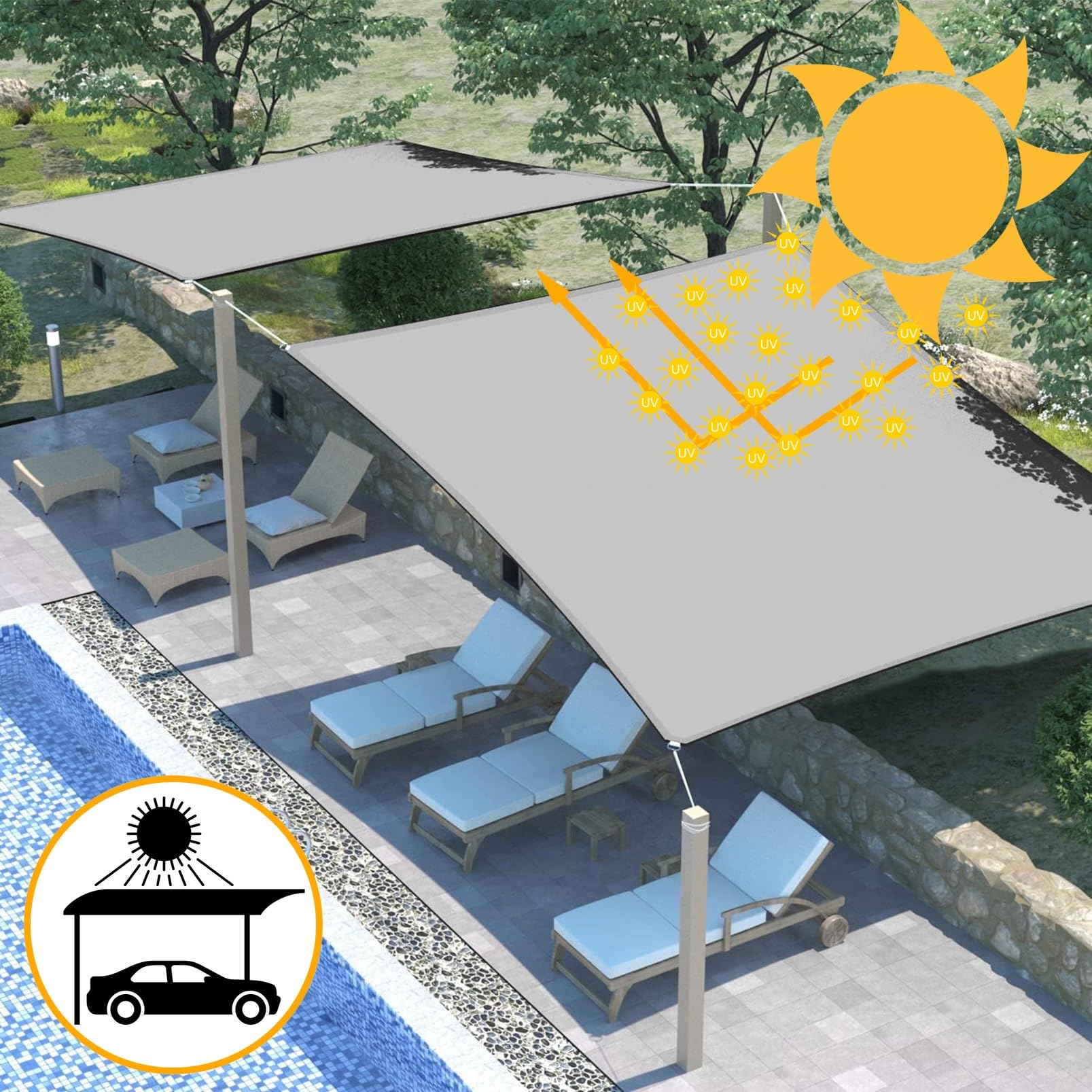 Quadratisch Sonnenschutz Markise 5 x 6 m Balkonverkleidung Wetterschutz 98% UV Schutz Sonnenschutz für Außenbereiche wie Garten und Balkone, Khaki