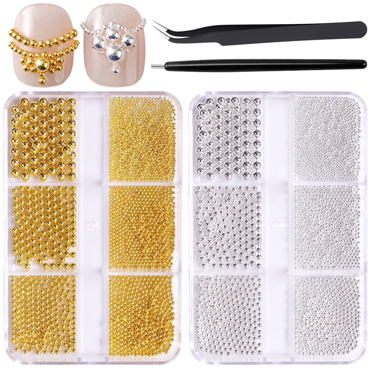 2 Boxes Silver Gold Nail Charms and Gems Silver Pearls Gold Nail Beads Metal Balls for Nails Nail Gems and Charms with Tweezer & Cat Eye Nail Magnetic Pen for Steel Ball Suction
