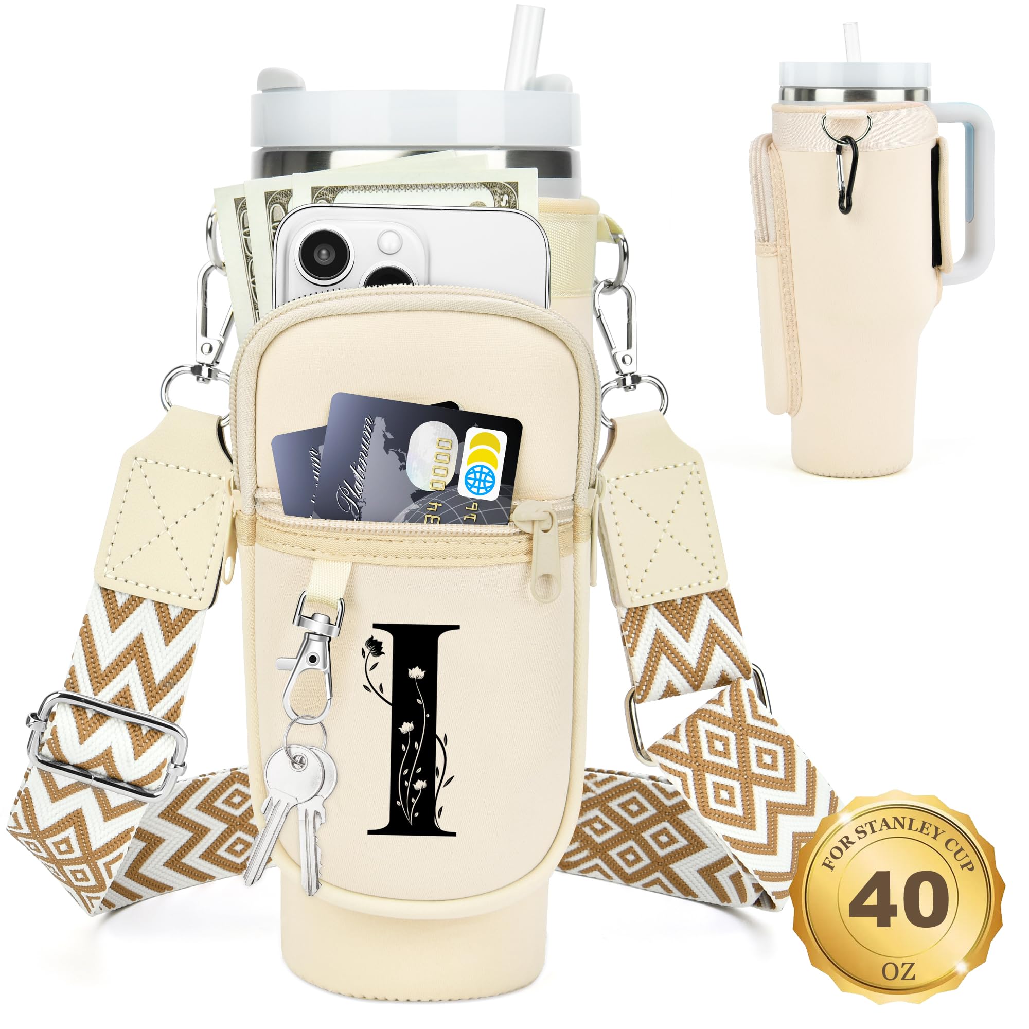 Initial Water Bottle Holder with Strap for Stanley Cup 40 oz Tumbler