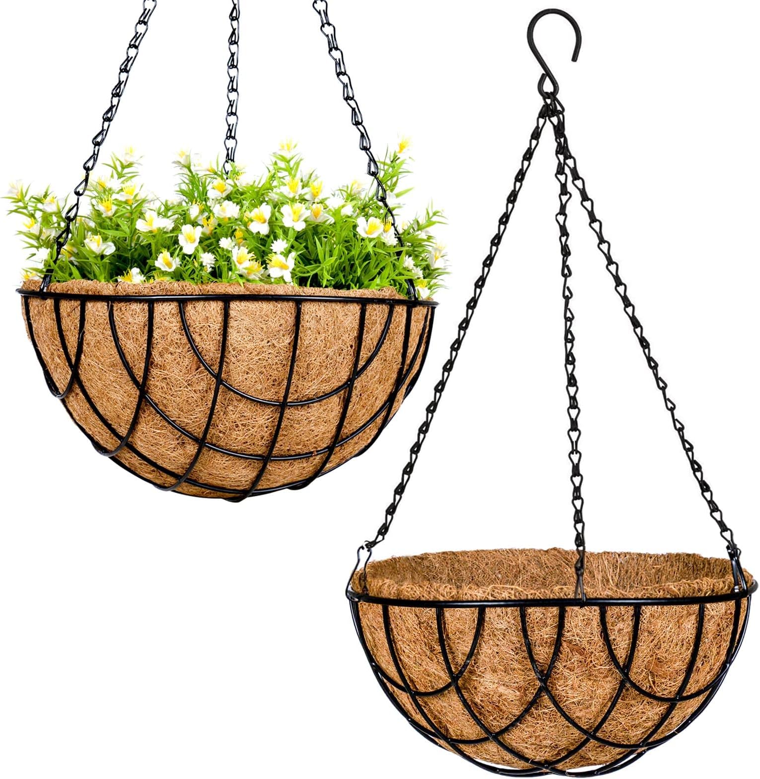 Wire Hanging Planter Basket for Plants Outdoor with Coco Liner - 12 Inch Grid Pattern Pot for Indoor Garden Decor Plant Holder Container, 2 Pack