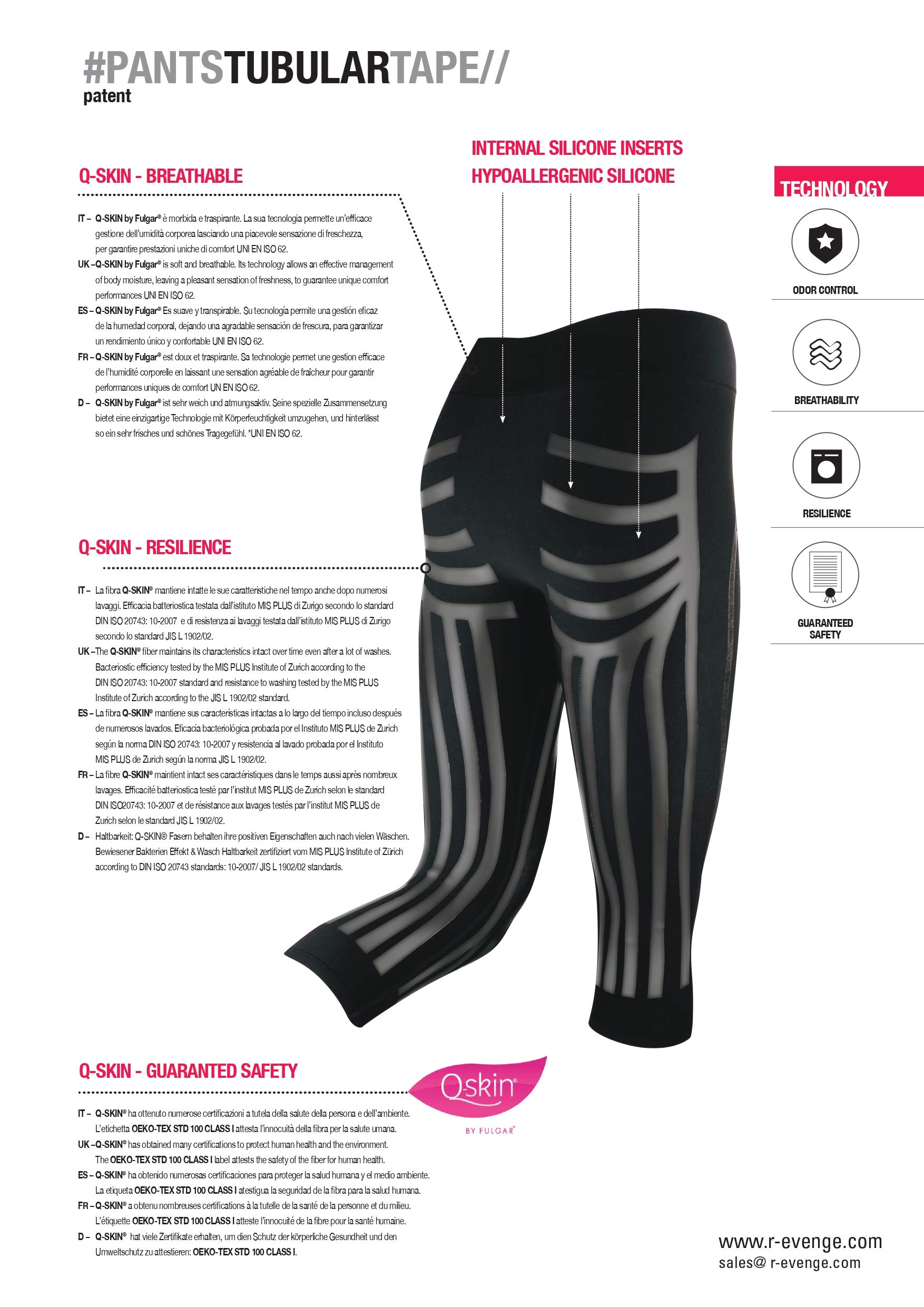 R-EVENGE Pants Leggings Tecnico Inserti Interni in Silicone, A Compressione, BASATO sul KINESIOTAPING, BREVETTATI