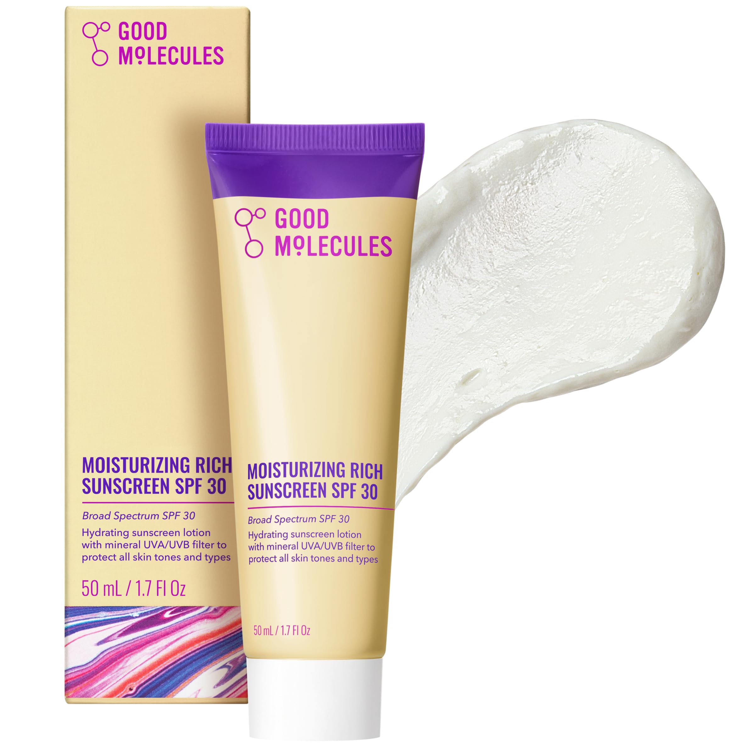 Good Molecules Moisturizing Rich Sunscreen SPF 30 – Mineral Zinc Oxide Face Sunscreen - Hydrating, Fragrance-Free, No White Cast | Broad Spectrum UVA/