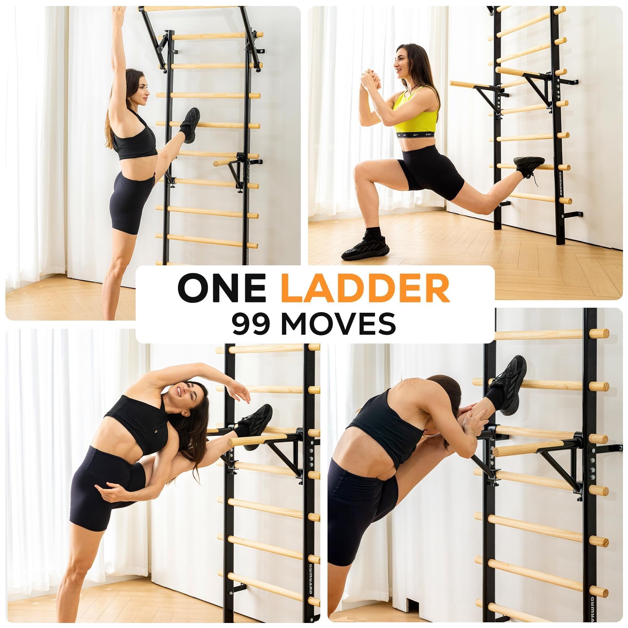 Sprossenwand Indoor mit Klimmzugstange, Dip-Barren und Klettergerüst, Wandmontage Kletterwand aus Holz – Fitnessgerät für Zuhause, Turngeräte für Kinder und Erwachsene für Home Gym und Gymnastik