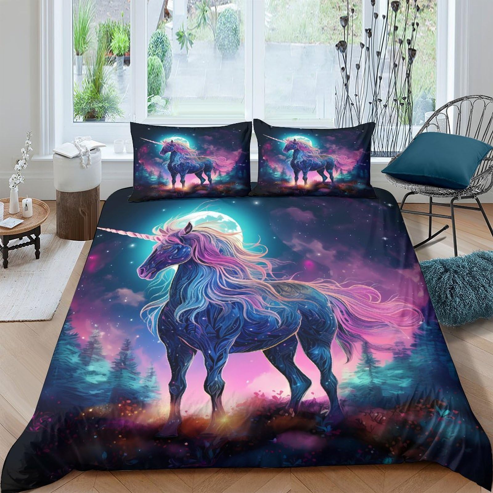 Ctjqhvkz Style-4 3D Printed Fantasy Unicorn Fitted Sheet Microfiber Soft Breathable Magic Forest Bed Cover For Bedroom Dorm Mattress Decor Single（135X200cm）