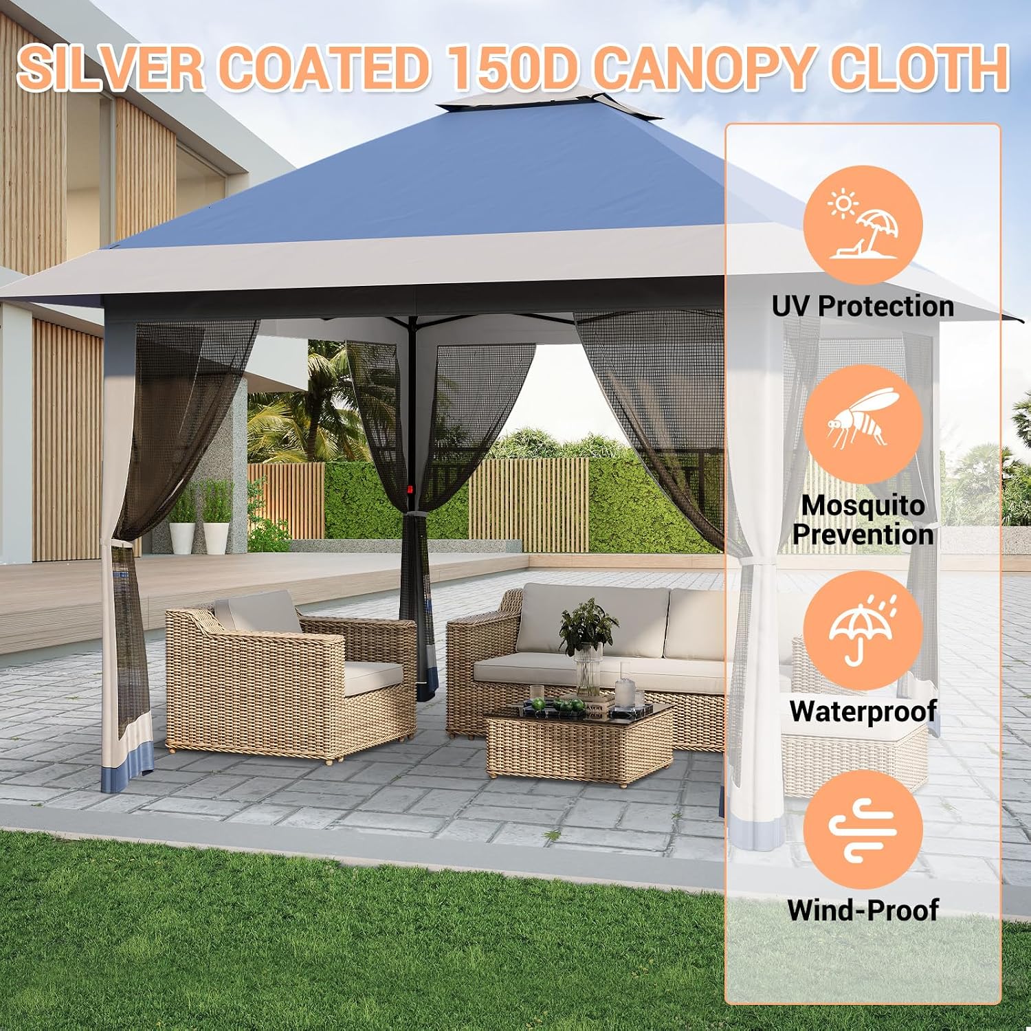 13x13FT with Mosquito Netting - Height Adjustable Canopy Tent, Waterproof & UV Protection (UPF 50+), Folding Outdoor Gazebo for Backyard/Patio Parties, Weddings & Dining - Includes Carry