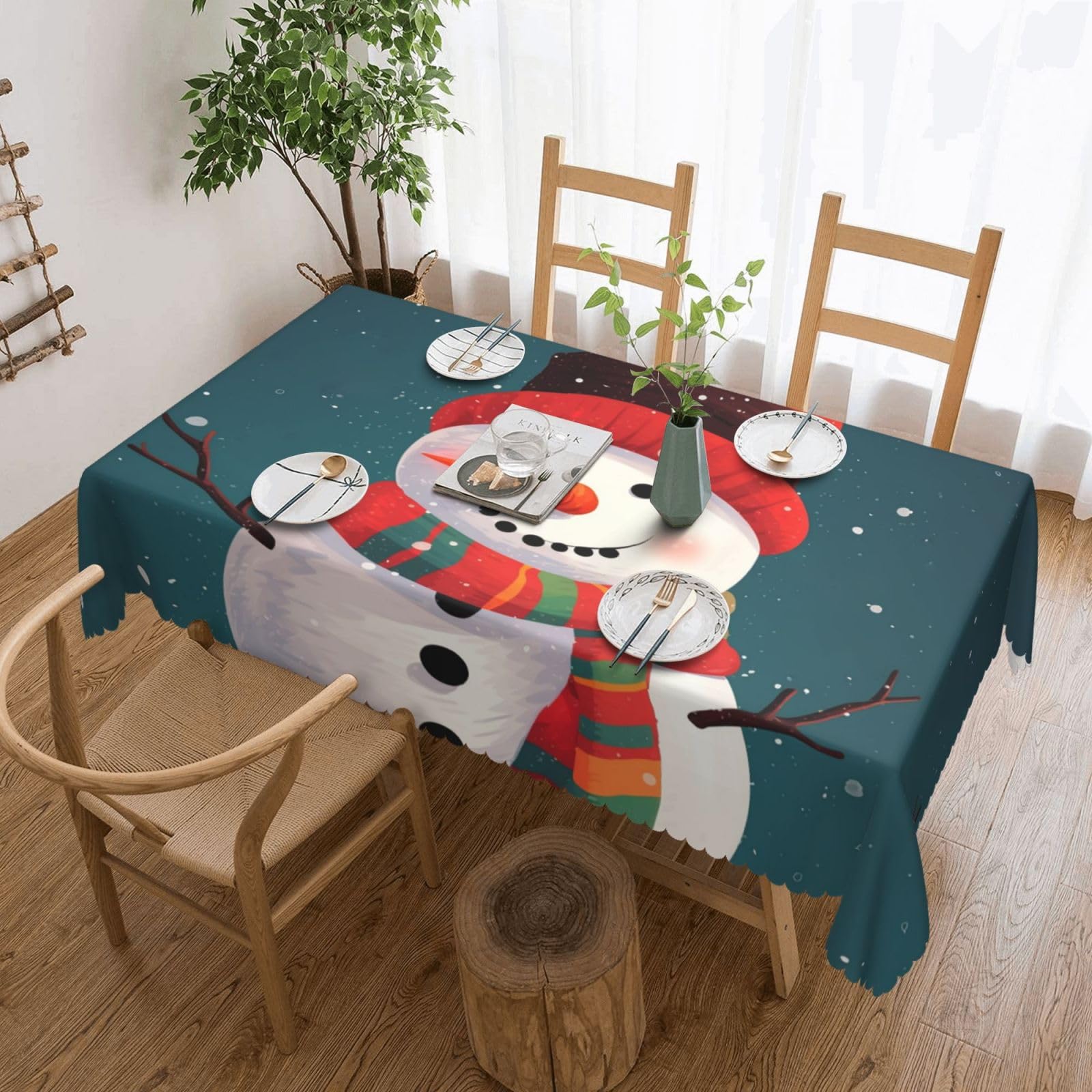 Nappe rectangulaire de Noël bonhomme de neige lavable pour table de fête