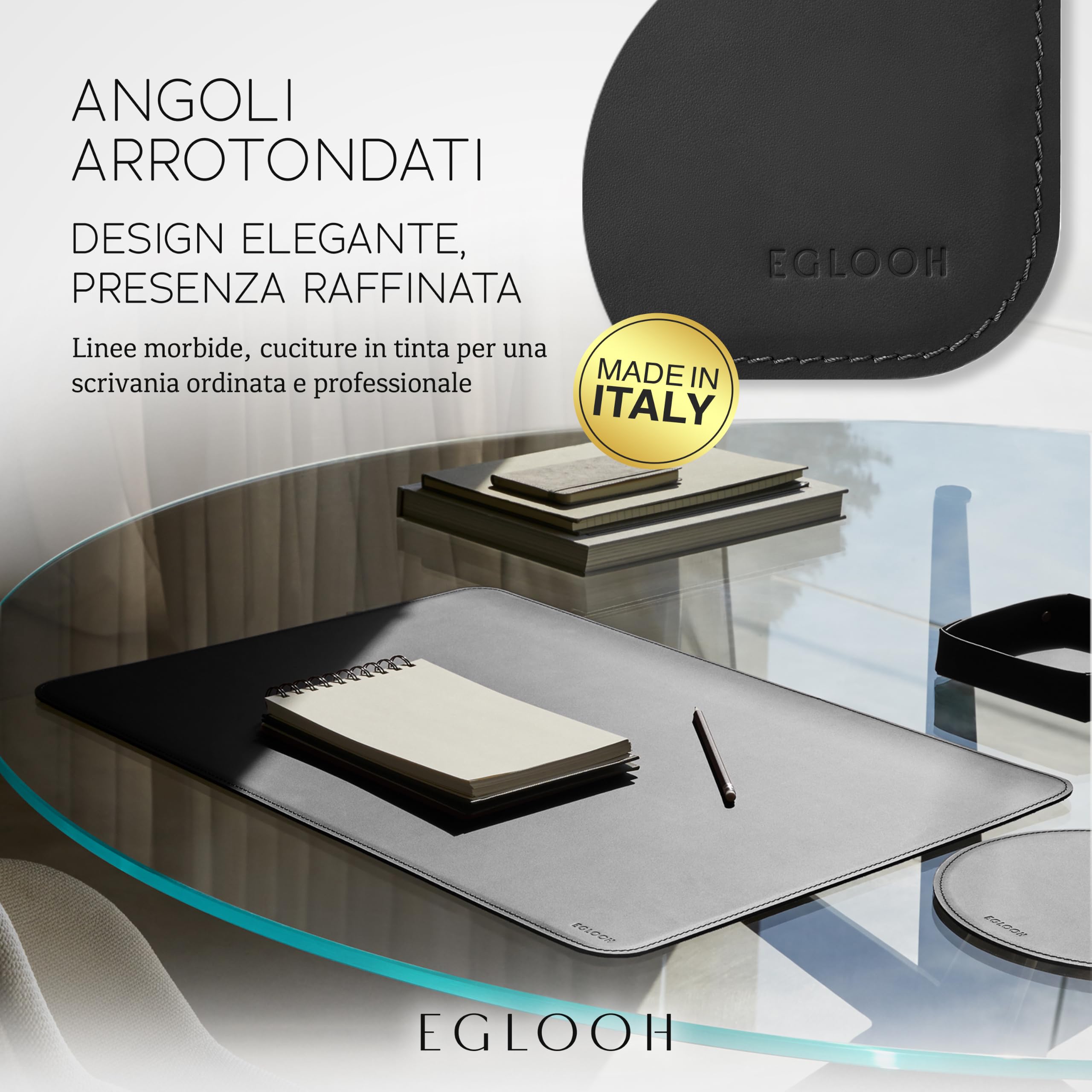 Eglooh – Herms – Sottomano Scrivania Pelle Design Arrotondato – Desk Pad Ufficio Elegante Antiscivolo in Cuoio – Accessori Ufficio Lusso Made in Italy