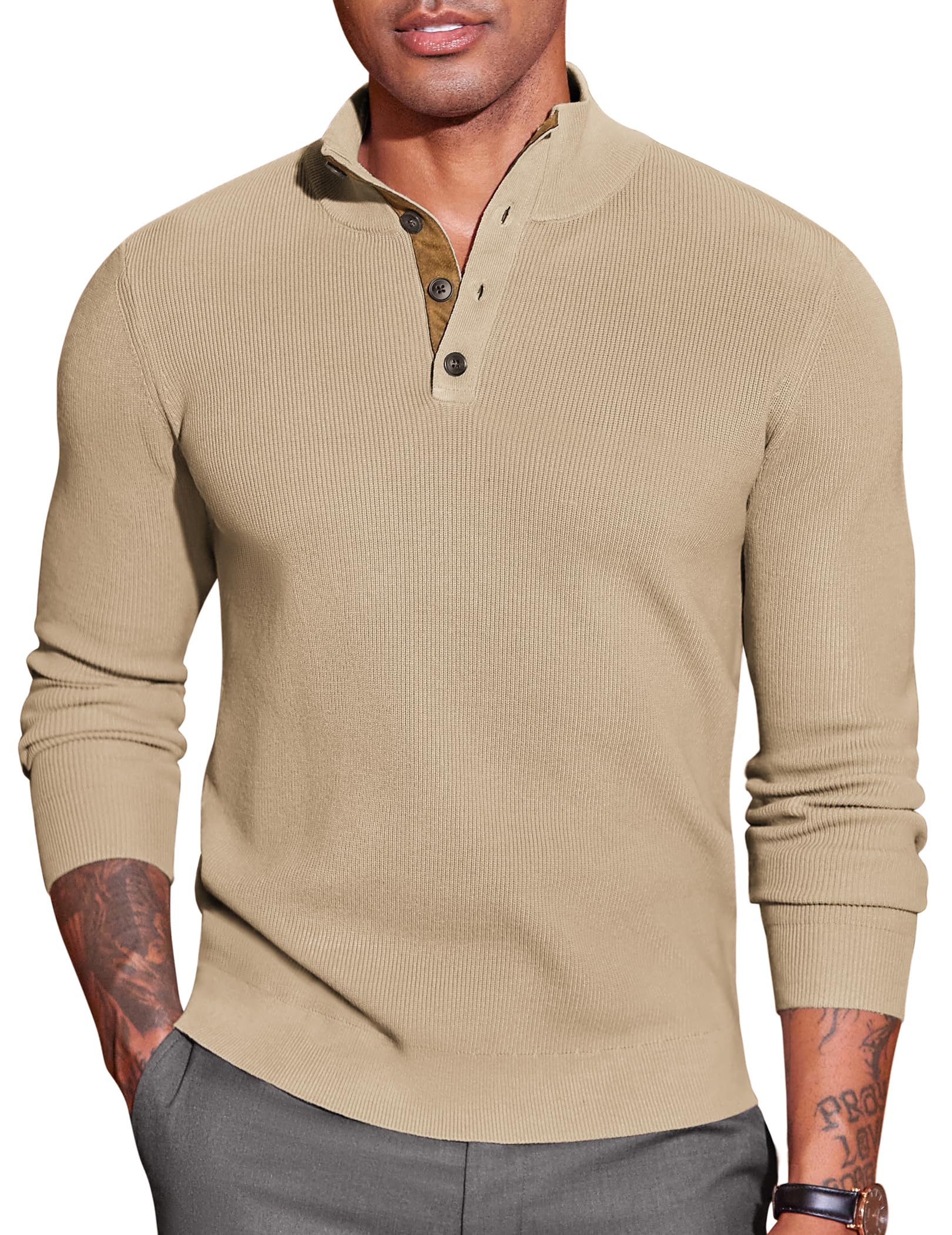 COOFANDY Herren Pullover Half Neck Stehkragen Retro Strickpullover mit 1/4 Knöpfe Wildleder Pulli Winterpullover Sweater