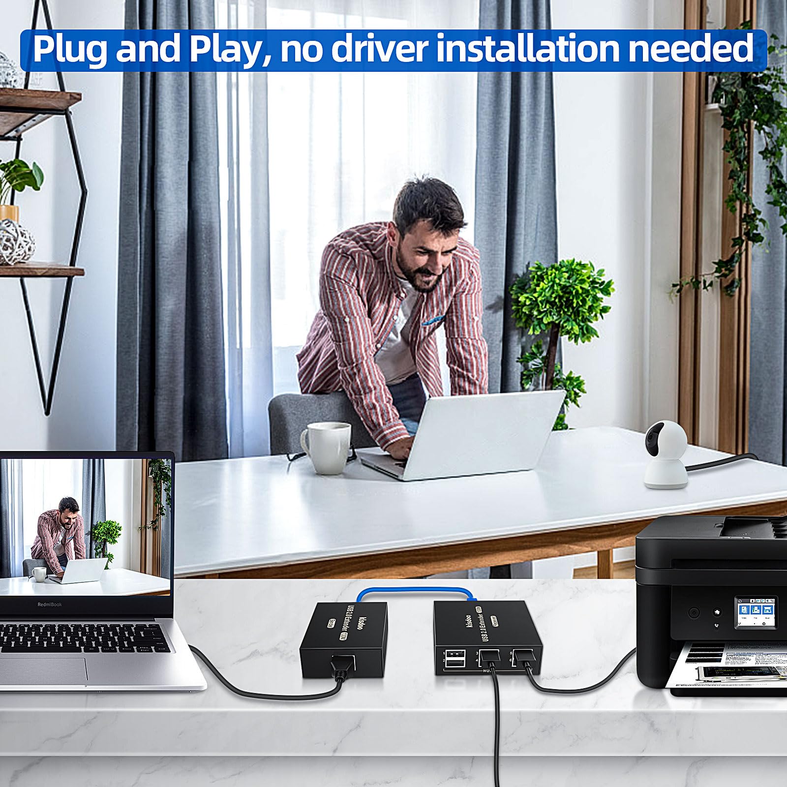 Rallonge USB sur Ethernet 61 m USB 2.0 HUB 6 ports RJ45 Cat5e/6 jusqu'à 480 Mbps Plug & Play pour appareil photo USB, écrans tactiles, lecteur USB, disque dur PC, Windows, MacOS, Android