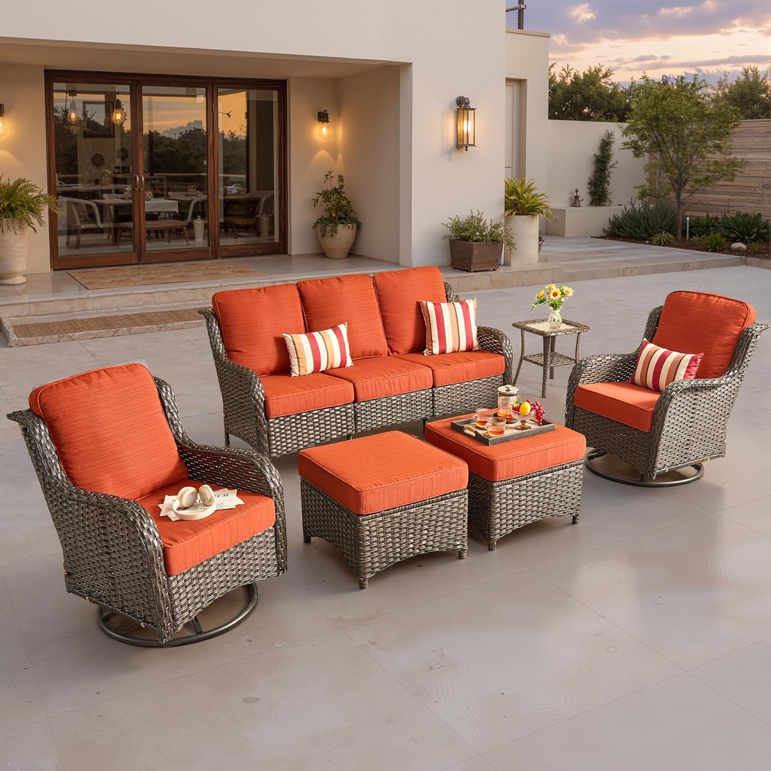 ovios 6-Piece Patio Furniture Set with Swivel Chairs Side Table, Outdoor Wicker Sofa with Comfy Cushions, High Back Couch Modern Conversation Sets, Brown/Orange Red