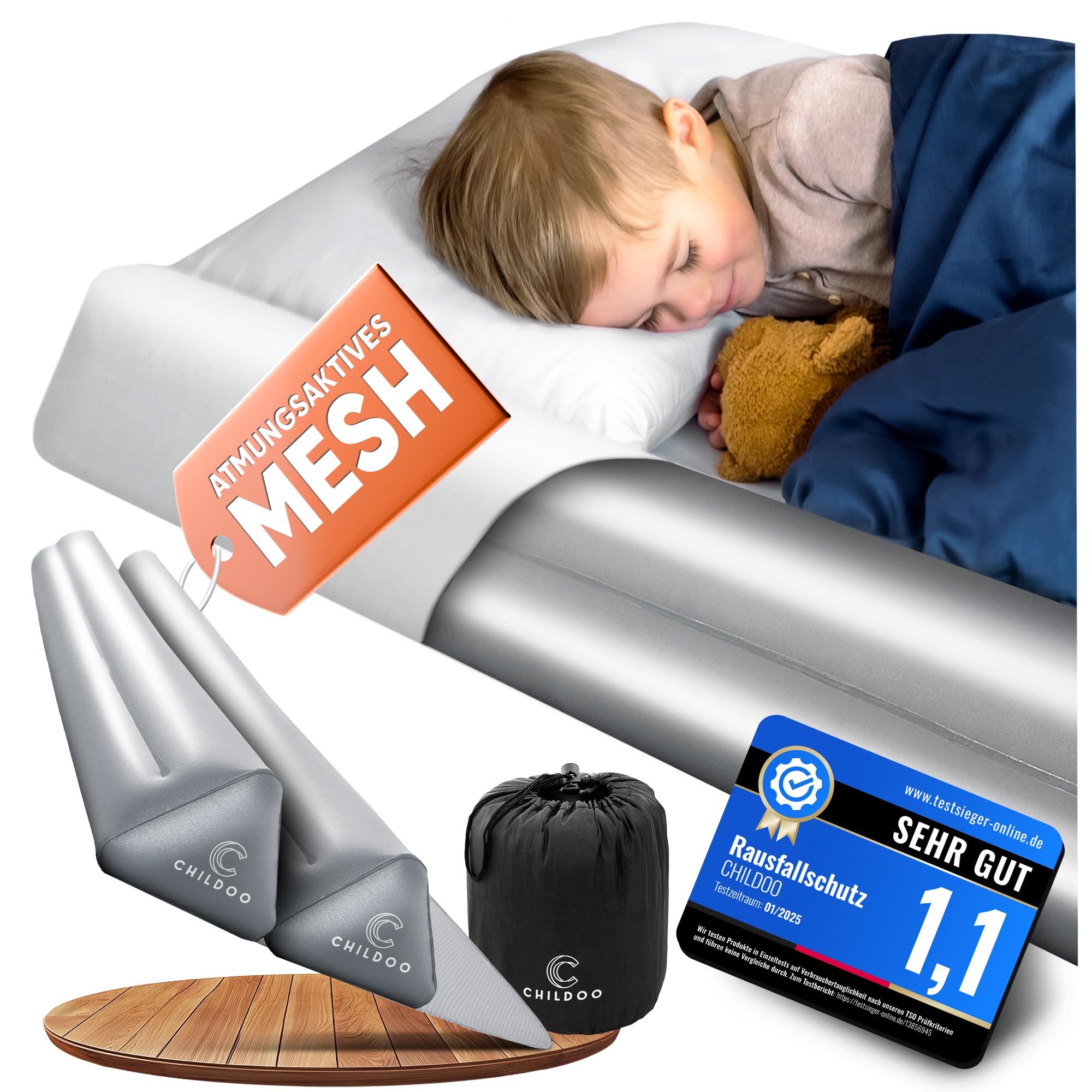 CHILDOO aufblasbarer Rausfallschutz Bett Reise für Kinder & Baby - Bettgitter Rausfallschutz für Boxspringbett 200cm - Bettschutzgitter Kinderbett Elternbett - tragbarer Fallschutz Bett Rausfallschutz