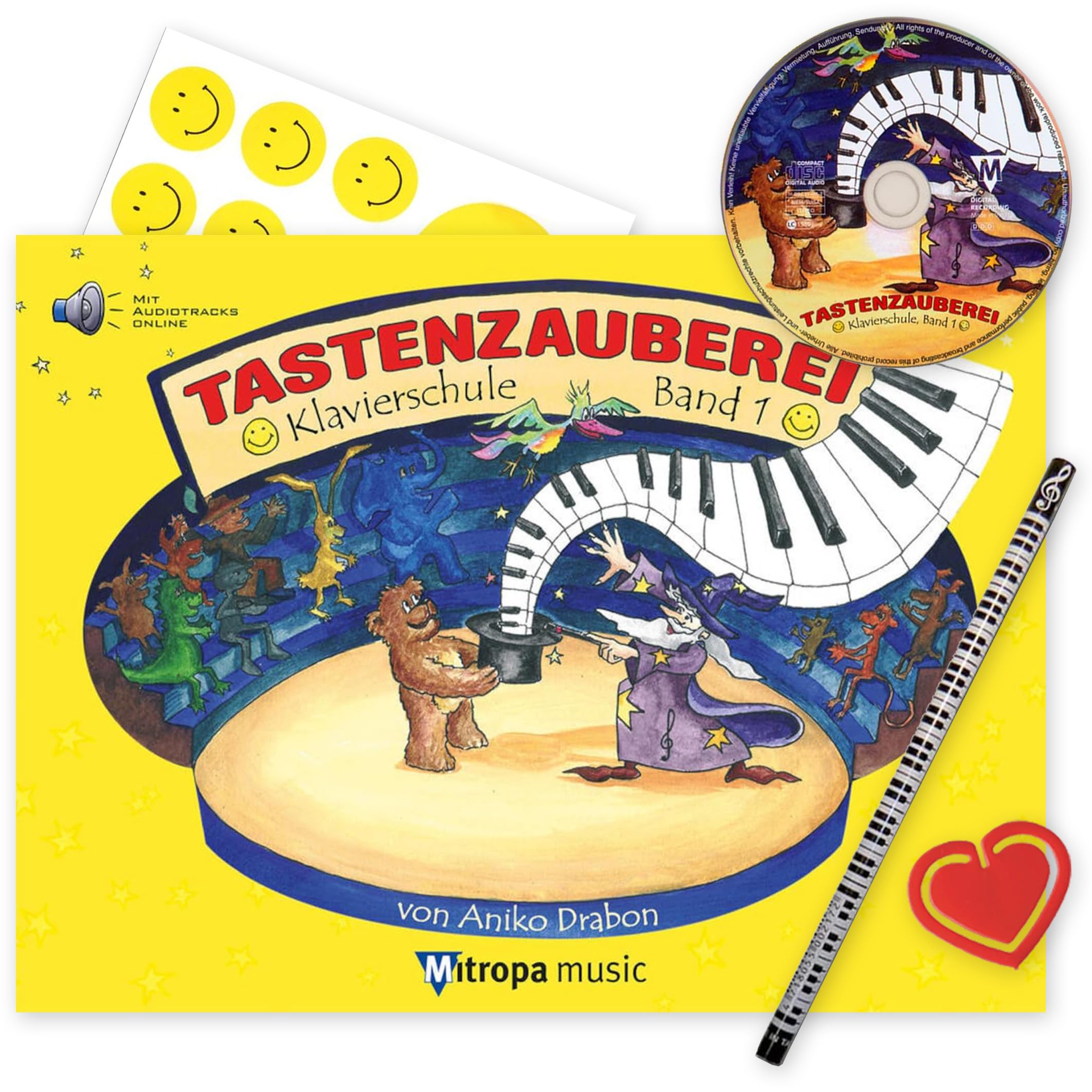 Tastenzauberei Klavierschule Band 1+ Online-Audiotracks Mikrofasertuch, Bleistift, Notenklammer und 7 lustigen Smiley-Stickern - Spiralbuchbindung
