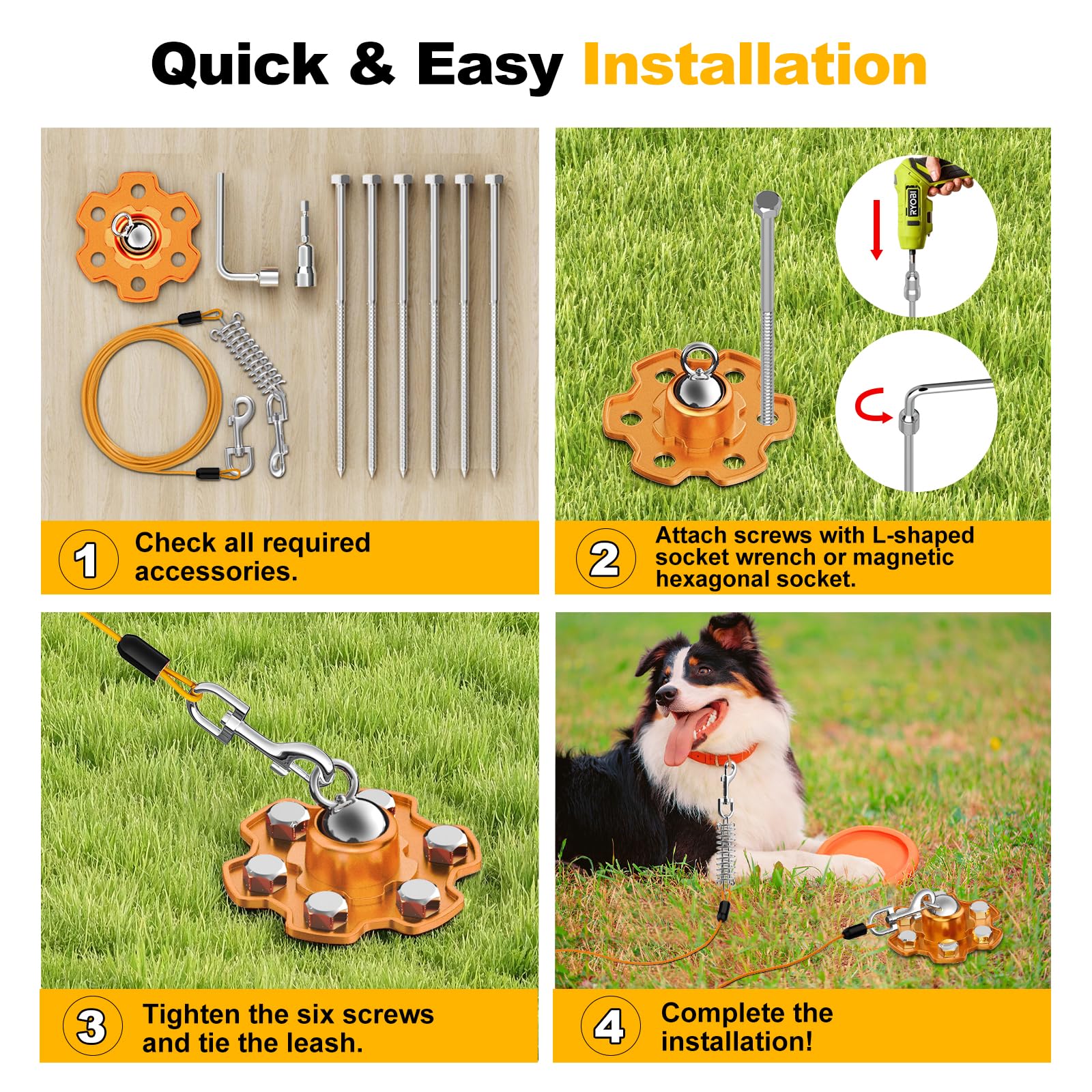 Estaca y Cable Giratorias 360° Perro, Estaca Resistente Correa Patio Soporta 180 Libras Fuerza Tracción con 20 Pies Cable de Amarre, Corredor Perro para Patio Campamento Aire Libre, Naranja