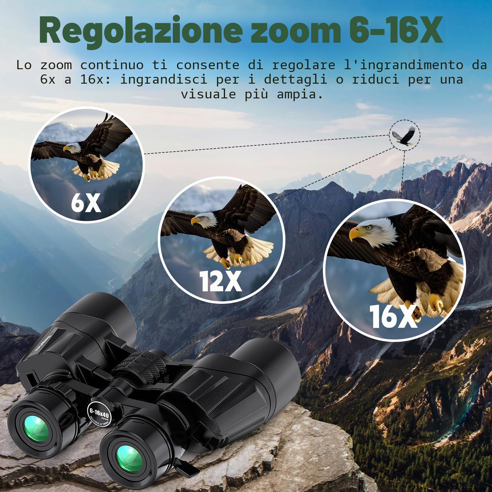 Binocolo con zoom 6-16x40 per adulti, binocolo militare ad alta potenza per bird watching, viaggi, caccia, concerti con ampia vista, BAK4, obiettivo FMC, visione chiara in condizioni di scarsa